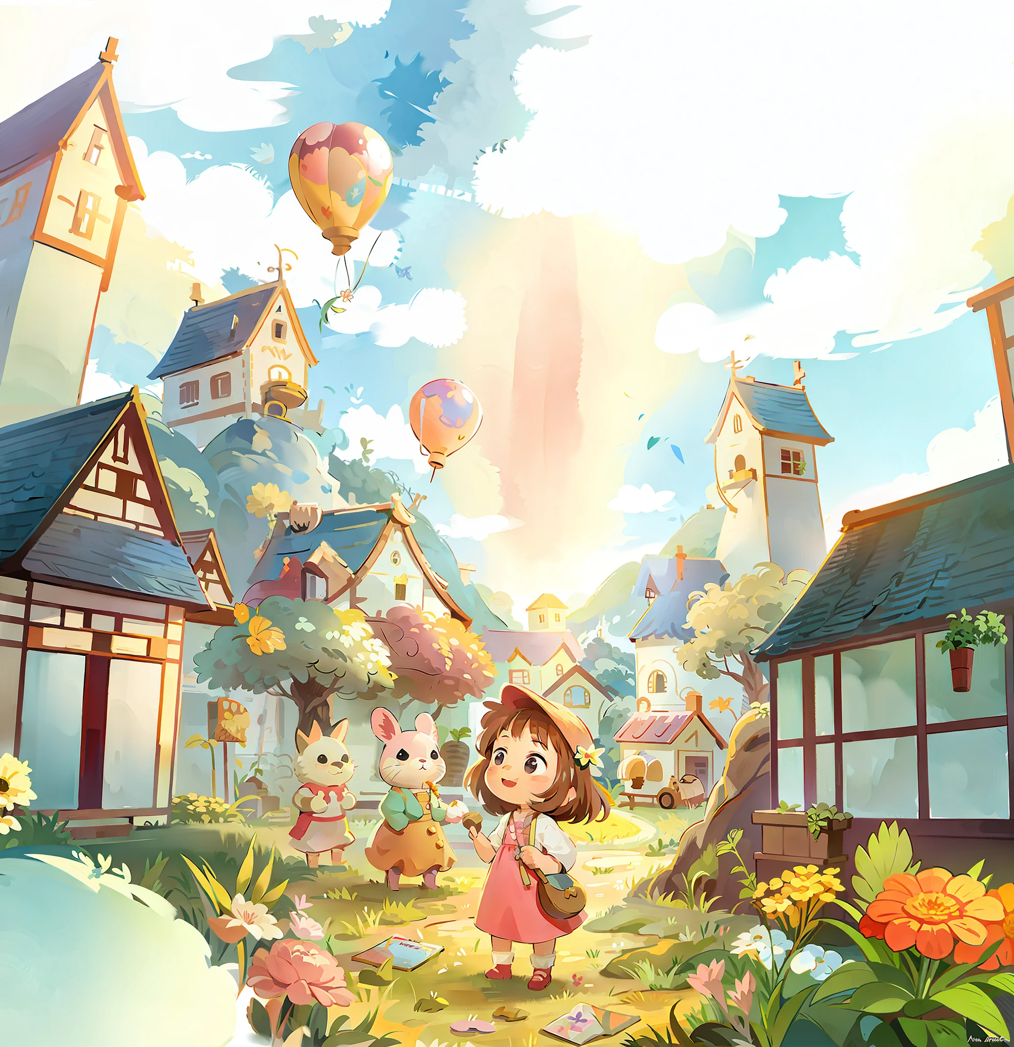 Flowers, plants, trees, houses, kittens, clouds, sky