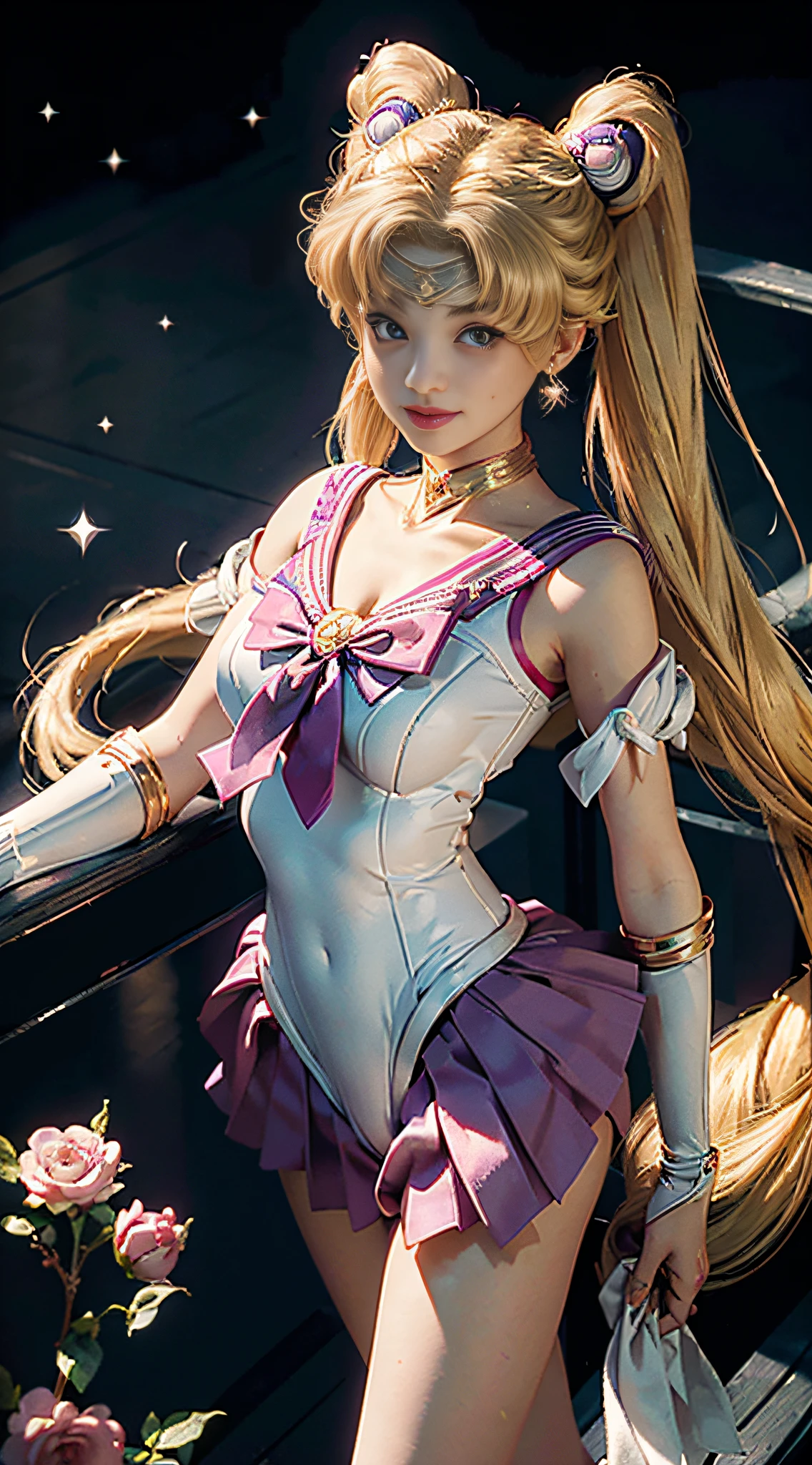 Best Quality, Masterpiece, Ultra High Resolution, (Realisticity: 4), Original Photo, 16K, 1girl, Bare Shoulder, ((Sailor Moon Sailor Moon Sailor Moon: 2)), Flowers, Smile, Blonde hair, twin tail,  
charming eyes