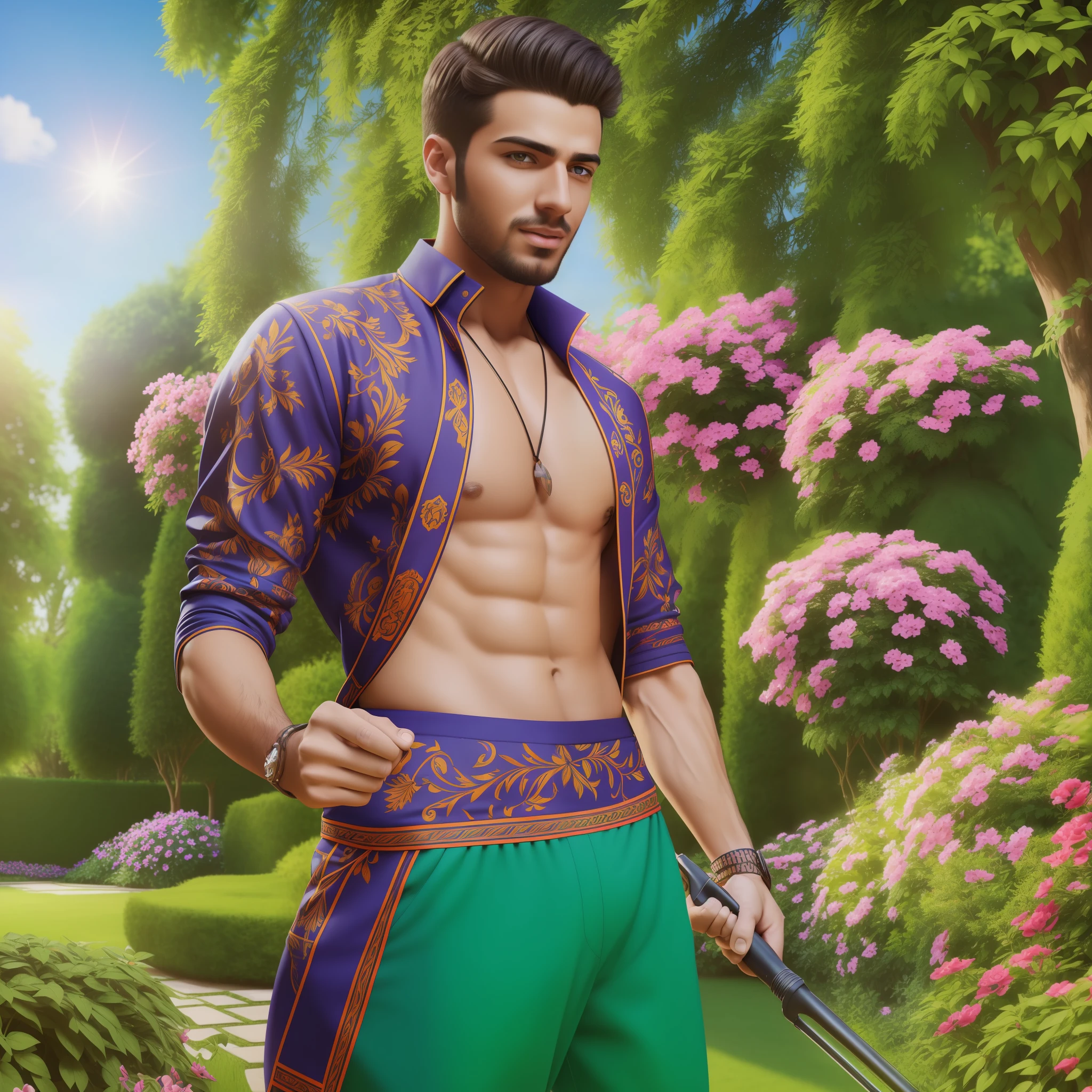 (Best quality, highly detailed CG artwork) featuring aGayish guy in garden! (Dynamic angle and pose), (beautiful face), (fashionable attire), (bright and vivid colors), (slightly blurred background), (vivid lighting and shadows), (emphasize the Guys curves and appeal).