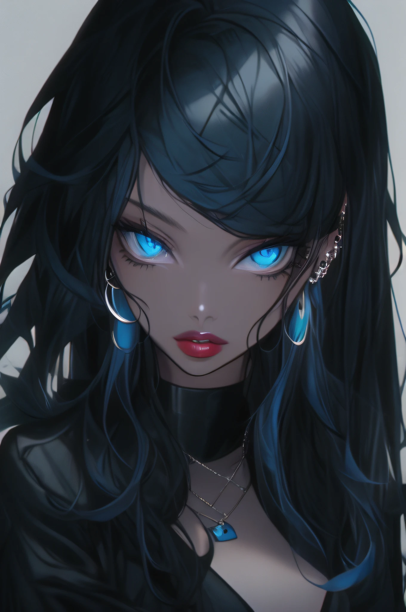 re-l from ergo proxy, black hair, pale skin, blue eys, blue eye shadow, gothic cyberpunk, looking straight, looking at camera, adult woman, 1girl, solo, blue eyes, black hair, long hair, jewelry, looking at viewer, earrings, closed mouth, simple background, upper body, breasts, grey background, zipper