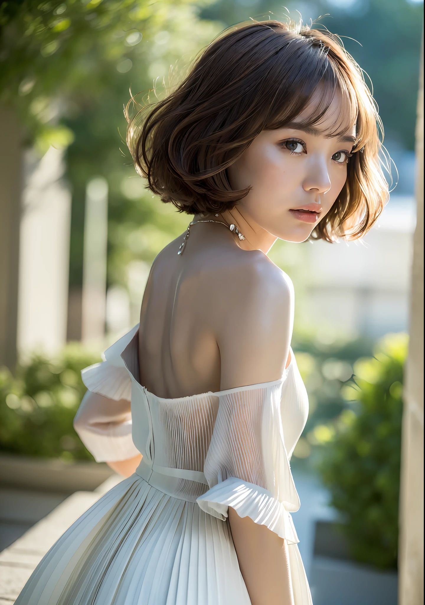 ((top quality, 8k, masterpiece: 1.3)), women (full body portrait, wearing long dress with white pleats and ruffles, back figure, looking back, small ass), outdoors, outside the chapel, background is blurred light, overhead camera, sharp focus: 1.2, cute woman: 1.4, (((brown-haired, short bob hair, floating hair)), very detailed face and skin and hair texture, wind, Curling skirt, buttocks, small necklace on the neck, bracelet, ring, detailed eyes, double eyelids, white skin, beautiful legs, beautiful delicate nose, cute young Japan woman, 24 years old, pleasant to the eye, while exuding melancholy emotions, characterized by a contrasting mix of calm tones and light and shadow, with dynamic angles, It is a thought-provoking composition.