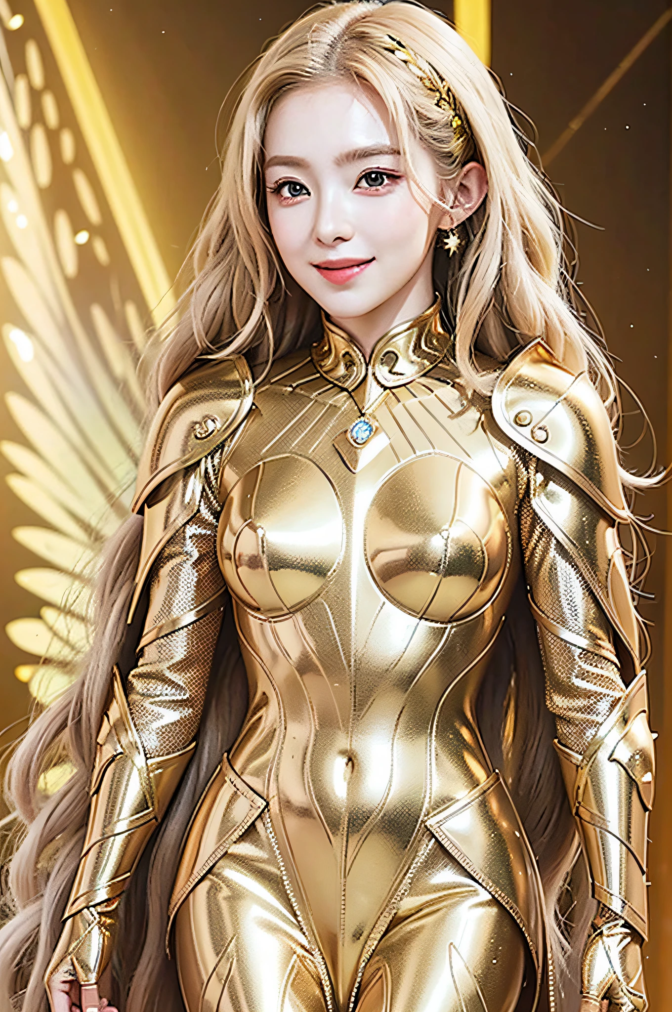 Golden diamond armor, long blonde hair, golden pupils, golden light background, golden transparent wings, diamond texture, smiling, golden eyes, flashing notes around, maiden, golden starlight, dazzling