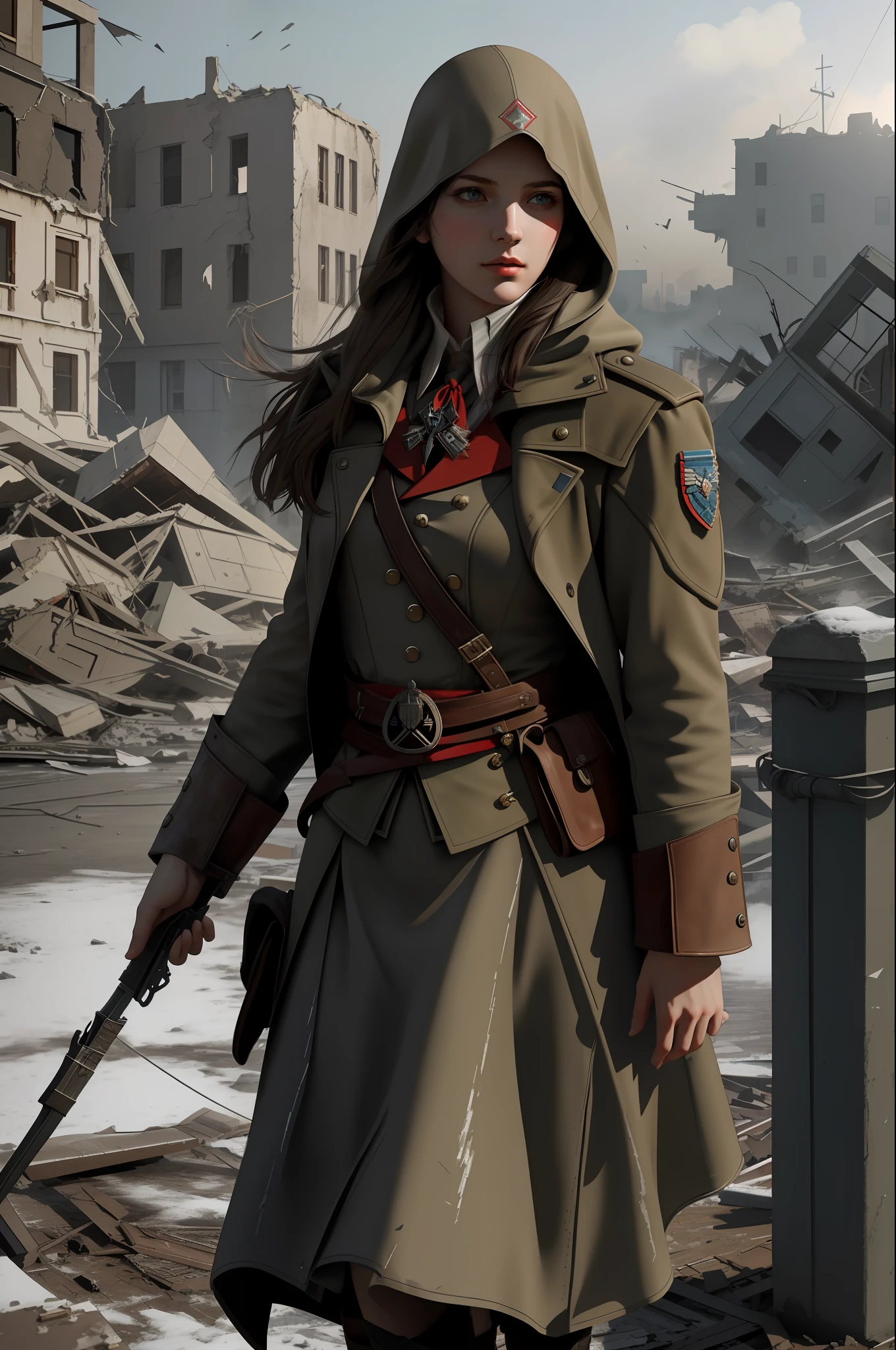 Create a compelling Assassin’s Creed Concept Art piece inspired by the WW2 era, crafted in the style of ultra-realistic visuals with meticulous attention to detail. Portray a young and captivating European girl adorned in a worn Soviet military uniform, her face obscured by a hood. Set the scene amidst the haunting aftermath of a battlefield, showcasing the devastation and destruction left in the wake of war. Emphasize the realism and intricacy of the environment, capturing the gritty textures, shattered structures, and somber atmosphere in stunning 8K resolution.