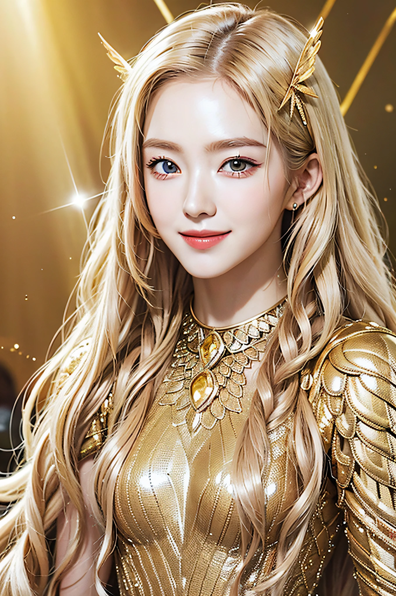 Golden diamond armor, long blonde hair, golden pupils, golden light background, golden transparent wings, diamond texture, smiling, golden eyes, flashing notes around, maiden, golden starlight, dazzling