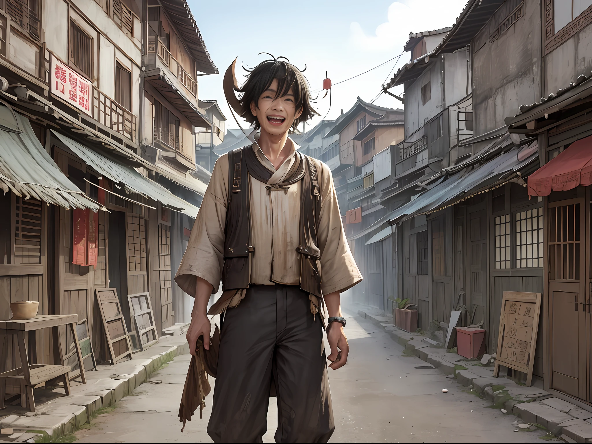 1 man, silly, crazy, village entrance, thin, shabby clothes, dirty, laughing, dusk ((ultra-realistic details)), Chinese Republic of China style, panorama, full body, global illumination, clear facial features, short black hair, shabby clothes, sloppy, 8k