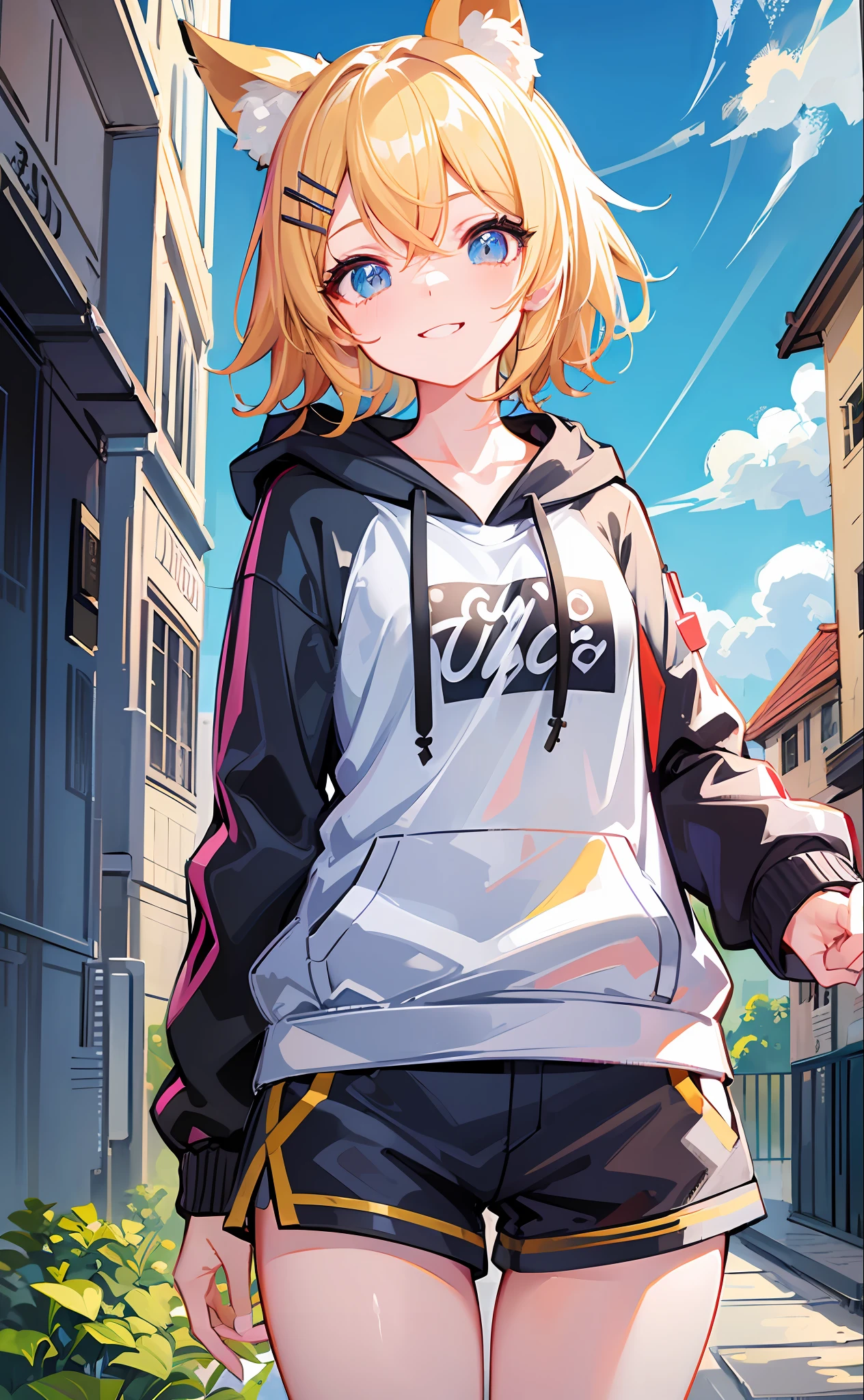 (Masterpiece), (Best Quality), (Illustration), (Super Detail), (High Resolution), Perfect ???????, Absurdity, One Girl, (Kagamine_Rin), (Vocaloid), Short Hair, Hair Clip, Big Smile, (Blonde), Very Cute Girl, Small, Young, Delicate, Attention to Girl, Outdoor, Cute, She, Smile, Best Moment, Middle School, Blue Eyes, Bright Eyes, lively eyes, cute, standing, thighs, red heart in background, heart speech bubble, pampered, innocent, love love, love viewer, clean skin, beautiful body, cute face, delicate arms, boyfriend gaze, lively eyes, neat, bare legs, dabo dabo hoodie, perfect hood, hoodie based on white, black shorts, beautiful girl, cat ears, blue sky, sunlight, unguarded, street, touch hair with hands