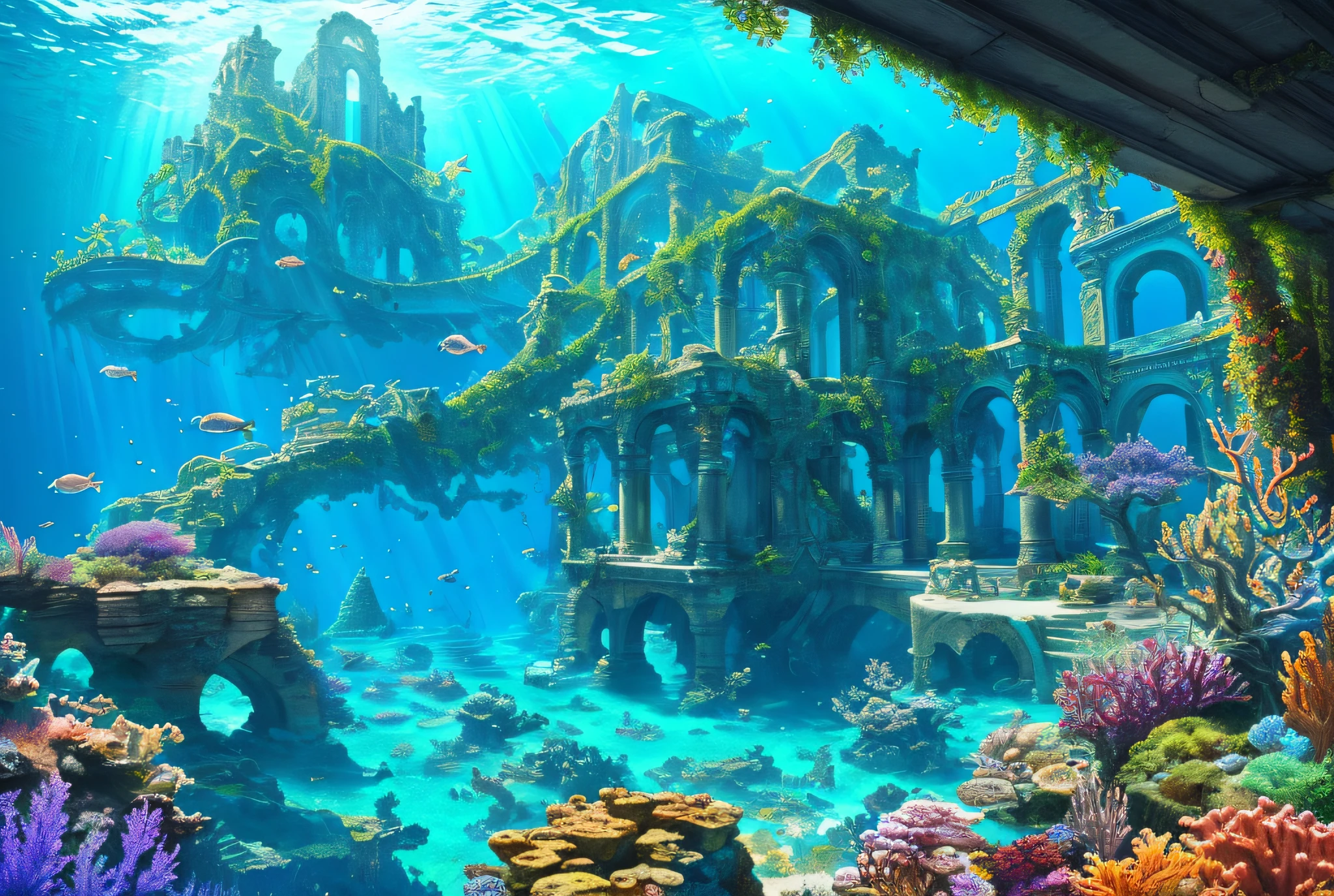 Underwater world Atlantis, deep sea, epic reality, (hdr: 1.4), dappled sunlight, cool colors, ancient ruins, ocean-type houses full of design sense, fantastic and incredible, epic composition, (complex Detail), (Complicated Detail, Ultra Detail: 1.2), Art Station, (Masterpiece, Best Quality) --v 6