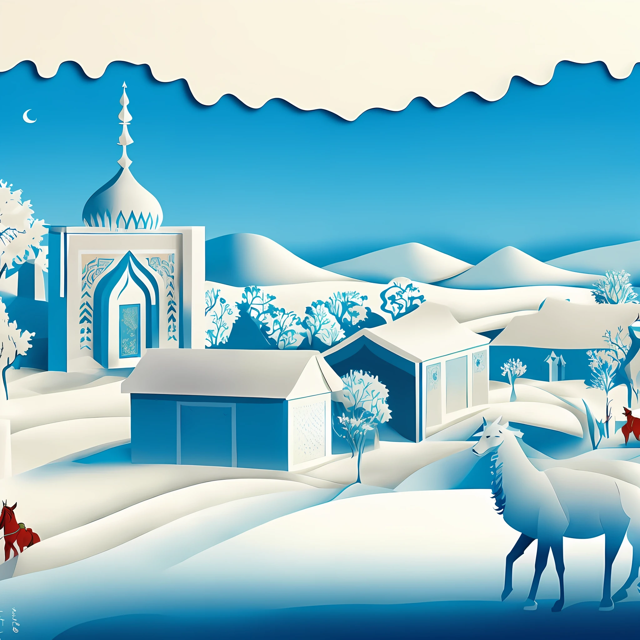 there is a paper cut of a snowy town with a horse, persian folkore artstyle, a beautiful artwork illustration, painting of samarkand, persian folktale artstyle, persian folkore illustration, by Amir Zand, inspired by Ivan Bilibin, by Marie Bashkirtseff, by Abdullah Gërguri, persian folklore illustration