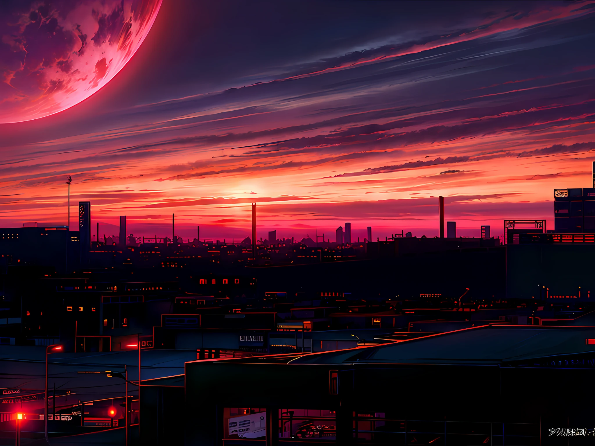 sunset view of a city with a factory in the distance, moody sunset in background, moody sunset, real sunset, nuclear sunset, blood red colored sky, red eerie sky, sunset view, redpink sunset, the most beautiful sunset, colorful sunset!!, orange and red sky, sunset with cloudy skies, cloudy sunset, moody sunset and dramatic sky, sky setting