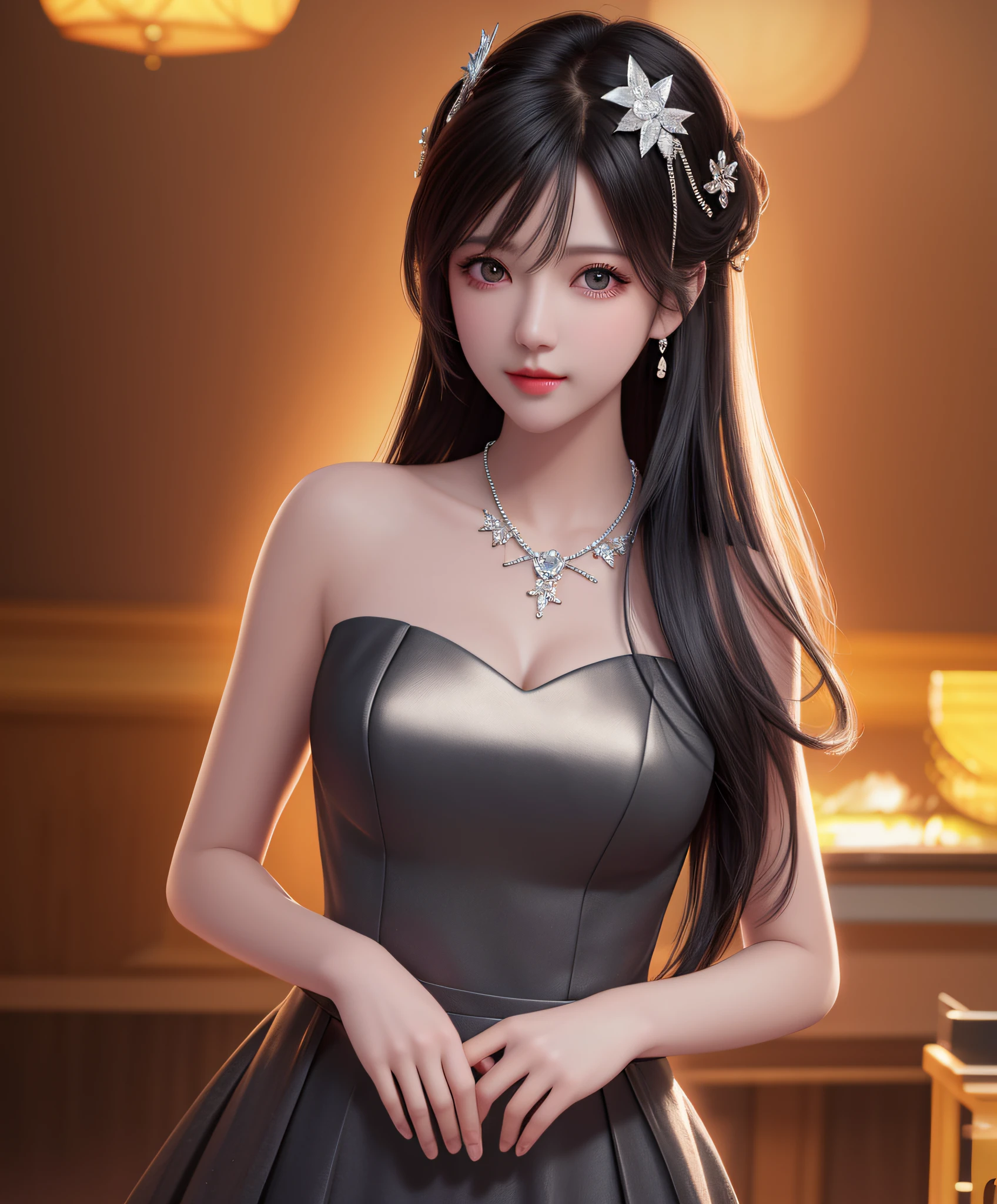 Exposed breasts, black dress, black hair, best quality, masterpiece, high resolution, 1girl, porcelain dress, hair accessories, necklace, jewelry, pretty face, body, tyndall effect, realistic, shadow studio, edge lighting, two-tone lighting, (high detail skin: 1.2), 8k UHD, dslr, soft light, high quality, volumetric light, voyeur, photo, high resolution, 4k, 8k, background blur,