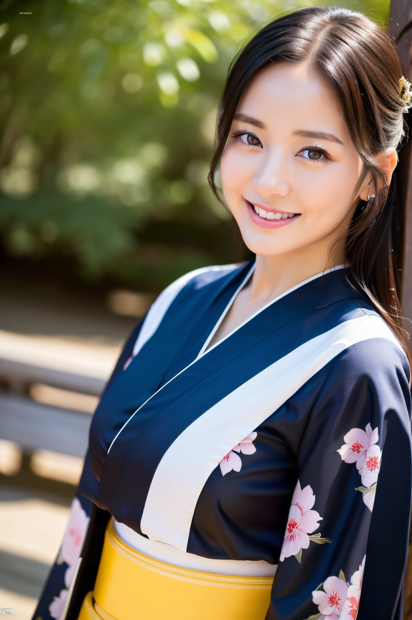 ((Top Quality, 8K, Masterpiece: 1.3)), Sharp Focus: 1.2, (beautiful Actress ), Realistic Photos (Shiny Skin), Black Hair, Realistic Pupils, Movie Lighting, Highly Detailed Eyes and Face, Smile, in nature, A neat young lady Wear Kimono, japanese milf model