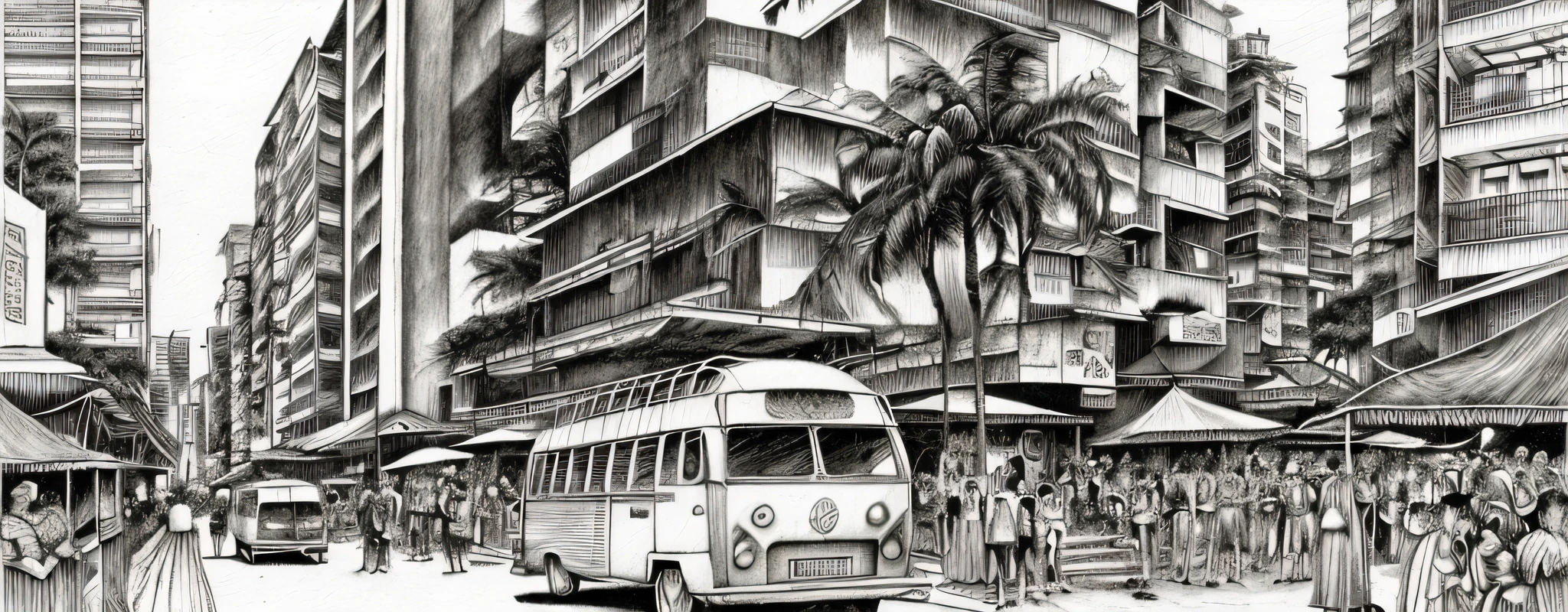 Kombi, Rio de Janeiro, complex scene, futuristic, dim light, dark-scene, monochrome, grayscale ( sketch by Kentaro Miura)((storytelling, masterpiece, best quality, )),