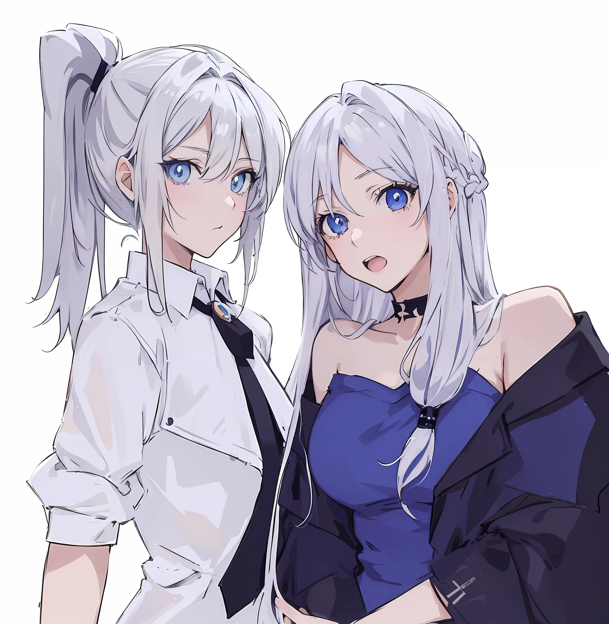 two anime girls with long hair and blue eyes pose for a picture, in anime style, 2 d anime style, two beautiful anime girls, in an anime style, nixeu and sakimichan, white haired, silver hair (ponytail), anime style only, anime styled, silver haired, modern anime style, kda and sam yang, very modern anime style