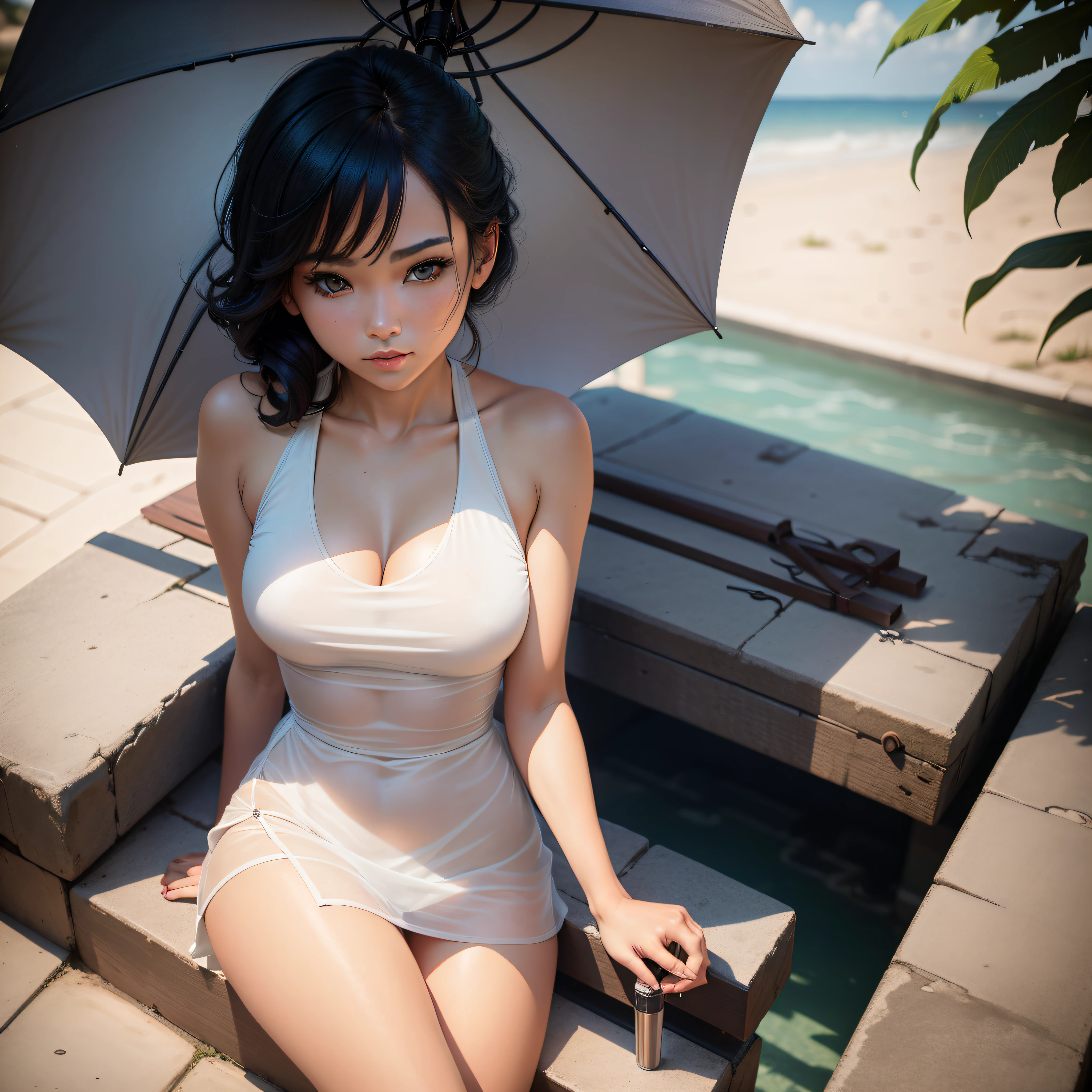 araffed woman sitting on a ledge with a umbrella in the background, a stock photo by Anthony Devas, featured on reddit, shin hanga, wearing a low cut tanktop, shot in canon 50mm f/1.2, wearing a cute top, realistic young gravure idol, hot and sunny, looking hot, shot on canon eos r5