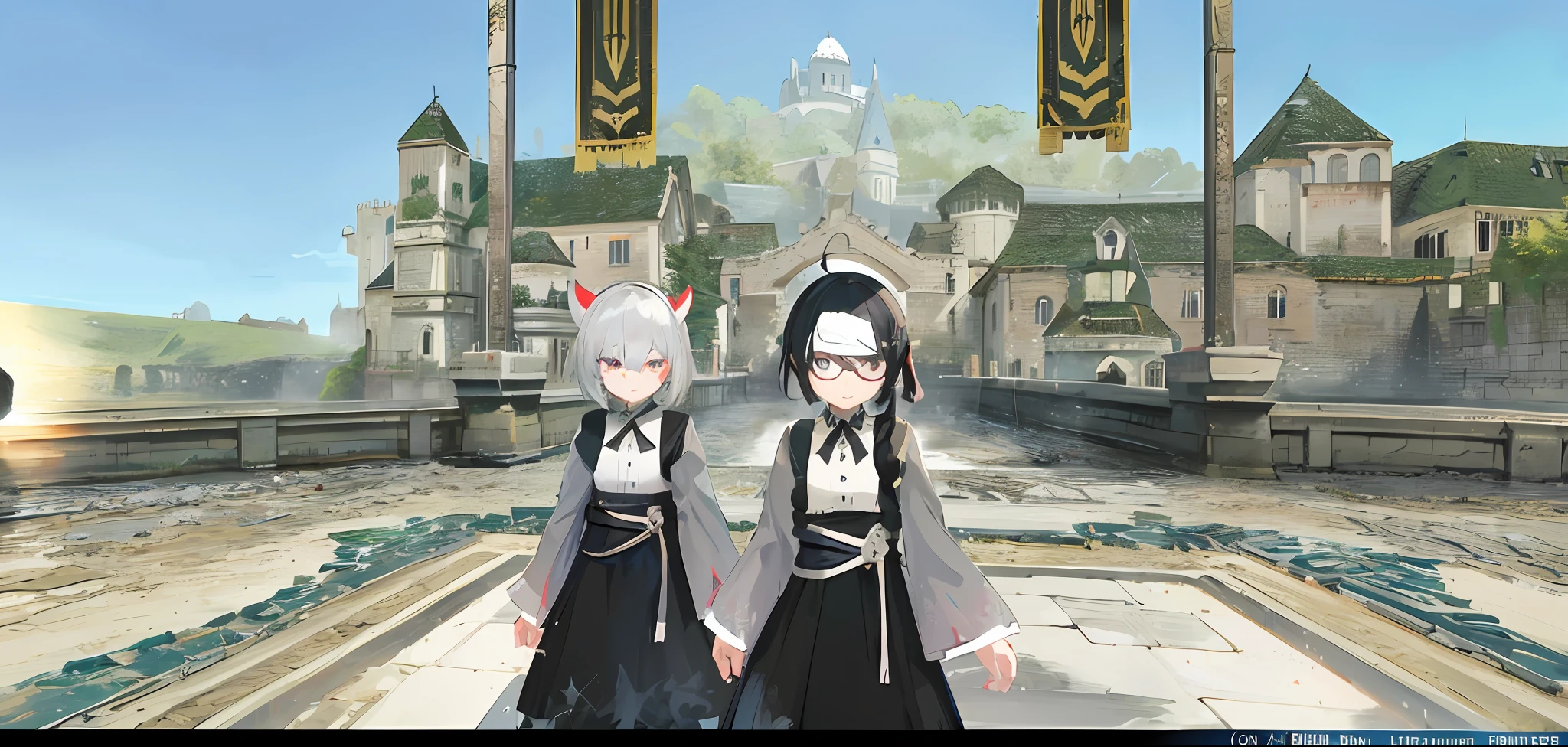 anime characters in black and white outfits standing in front of a castle, black-white skintight robes!, in - game, in-game, in game, medium shot of two characters, black robes, ((wearing aristocrat robe)), from arknights, from bravely default ii, lalafell, twintails, focus on two androids, nier 2 b