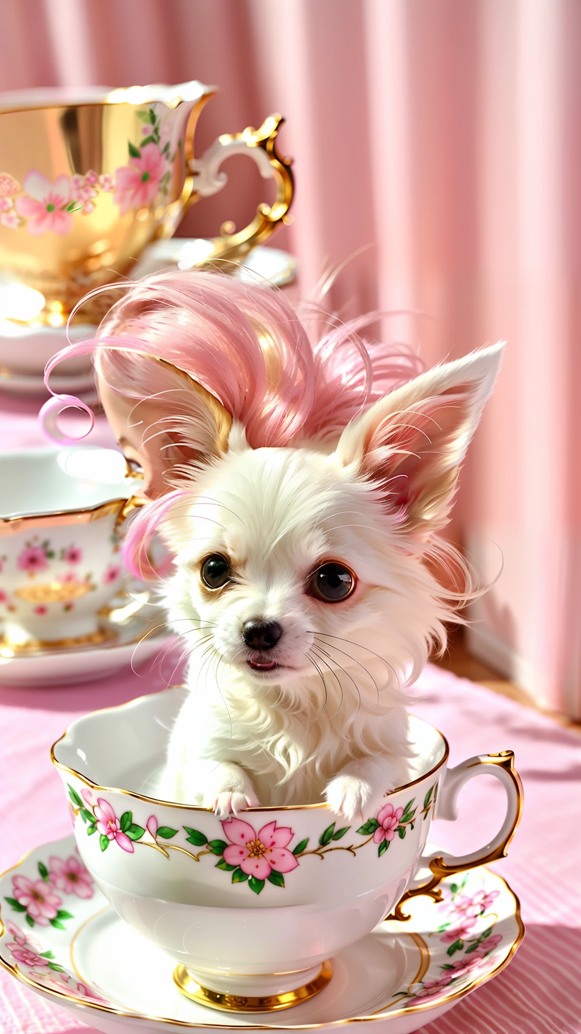 Cute little white Chihuahua in teacup, big eyes, 8k, delicate, clear, (pink fluffy hair tail) ((real)), paws sticking out teacup, sticking out tongue, smile, cute hairpins, ((cute)), ((small)), professional photographer, professional photography, (((hair fluffy)), antique plate with good texture, (face sticking out of teacup), indoors, sunlight, light leakage, realistic like photos, curly hair worn on ears, pink, golden
