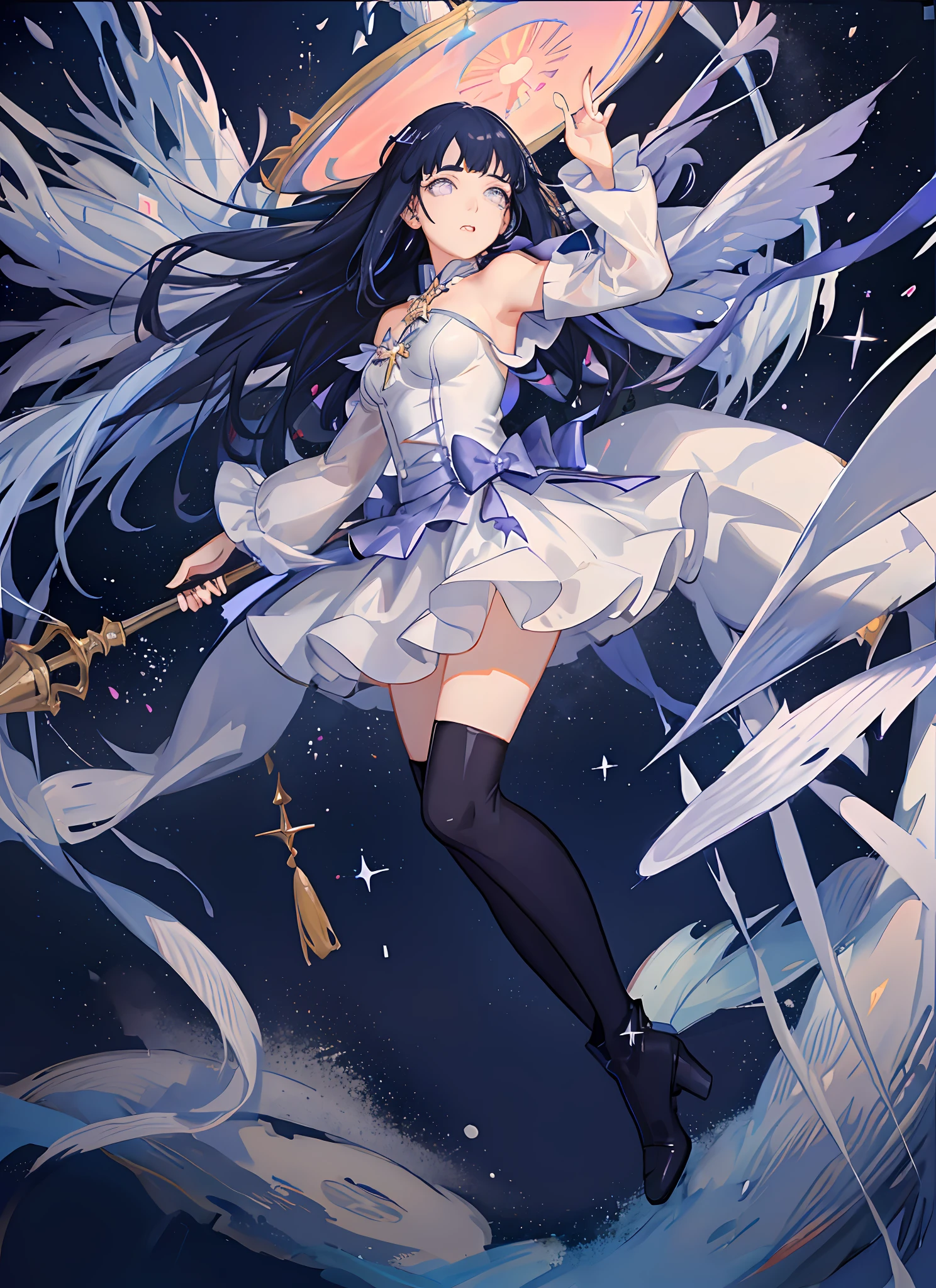 ((magical girl)), ((gorgeous starry sky background)), ((ultra-detailed)), ((best illustration)), ((cinematic lighting)), dynamic angle, floating, finely detailed, (glitter:1.2), (sparkle:1.2), (shine:1.2), classic, (painting:1.1), (sketch:1.1), (best quality), (masterpiece:1.2), (anime style), (solo), beautiful detailed face, (cute face:1.3), (big eyes:1.3), dark blue hair, (long hair:1.2), (floating hair:1.2), (magical girl outfit), detailed outfit, (sparkling wand:1.3), (magical effects:1.3), (flowing skirt:1.2), (cute boots:1.1), (transparent fabric:1.1), (twinkle:1.2), (glow:1.2), (radiance:1.2), (flicker:1.2), (dazzle:1.2), blunt bangs, purple eyes