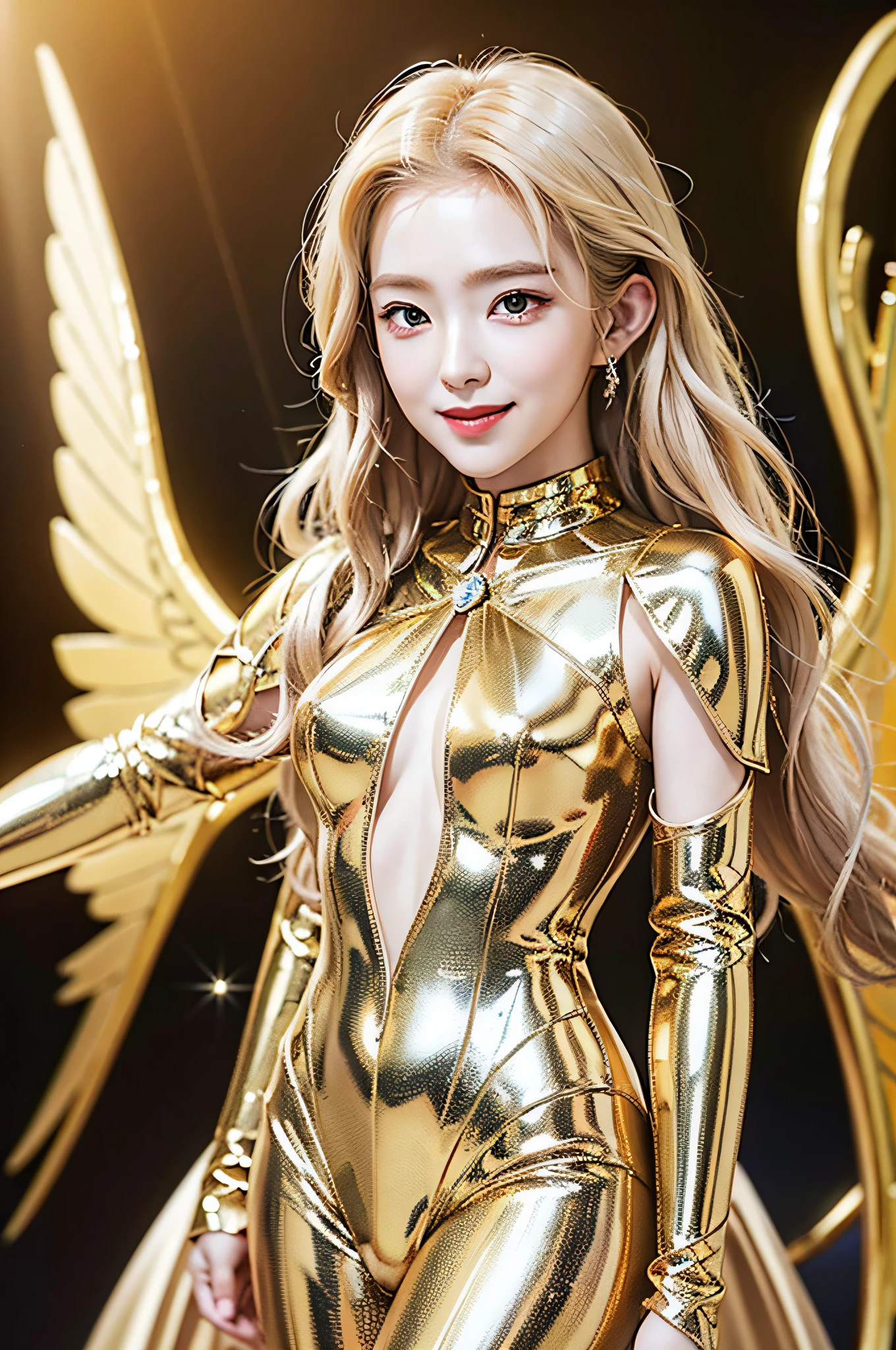 Golden diamond armor, long blonde hair, golden pupils, golden light background, golden transparent wings, diamond texture, smiling, golden eyes, flashing notes around, maiden, golden starlight, dazzling