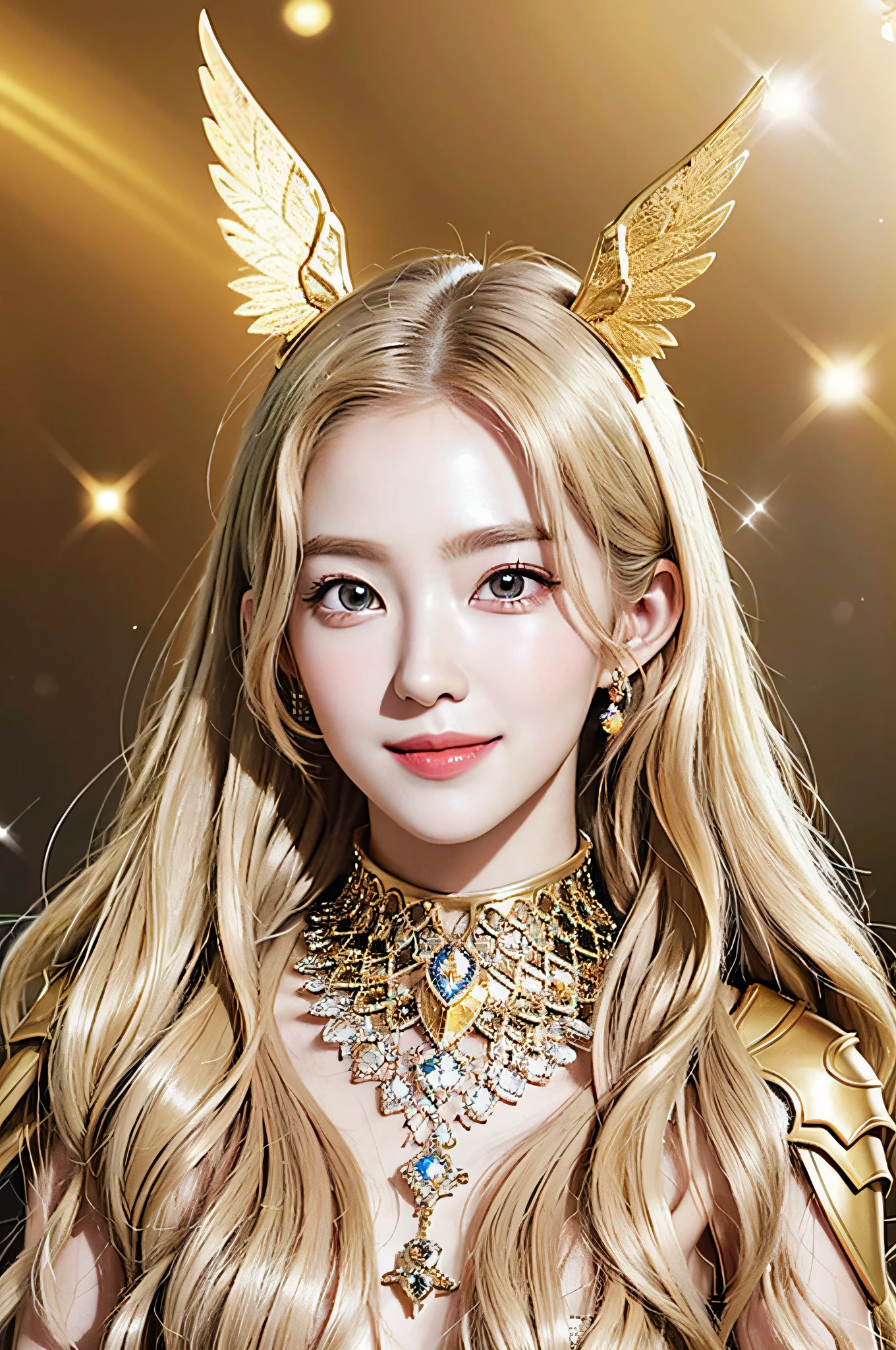 Golden diamond armor, long blonde hair, golden pupils, golden light background, golden transparent wings, diamond texture, smiling, golden eyes, flashing notes around, maiden, golden starlight, dazzling