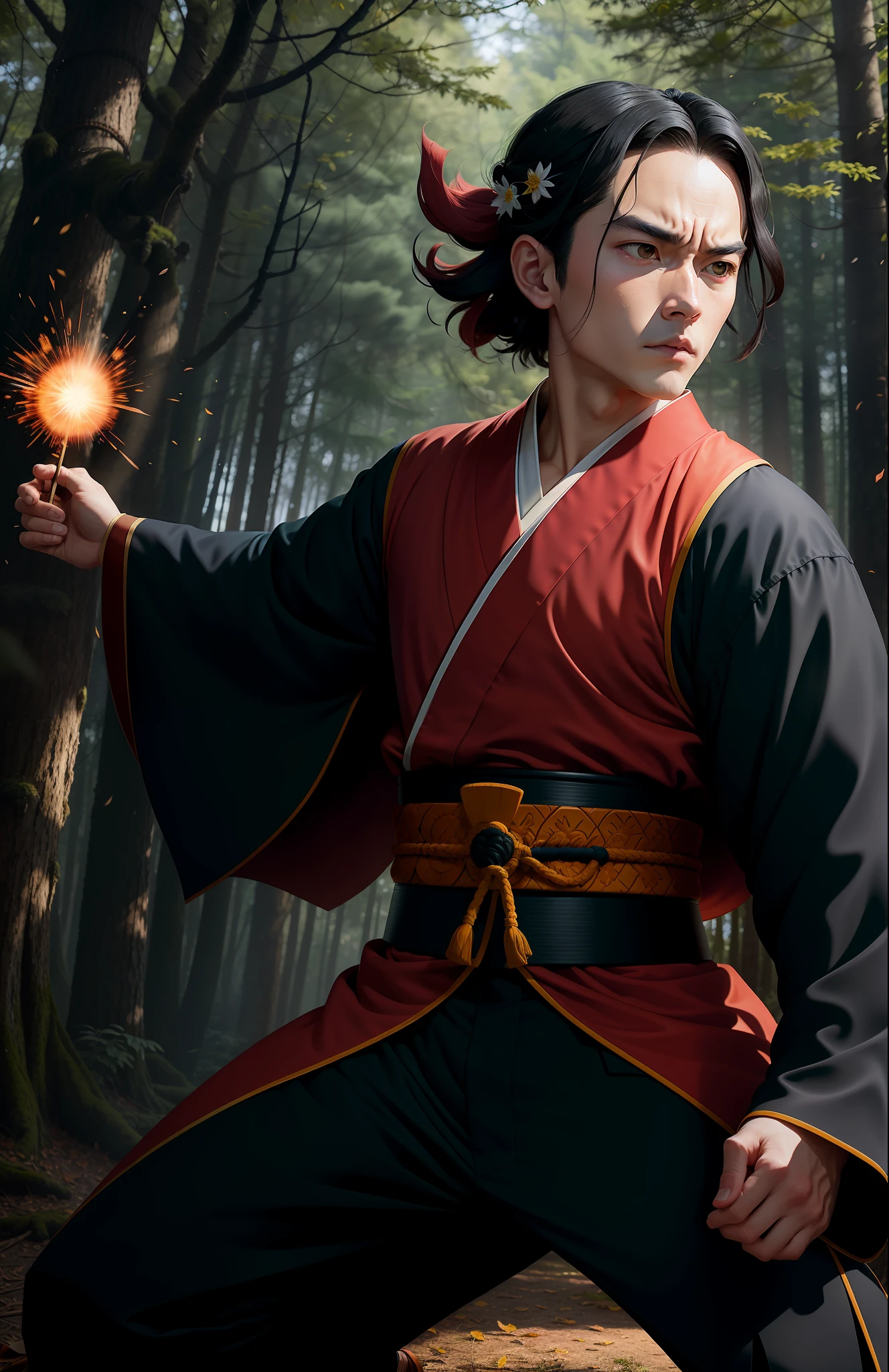 In the anime series Kimetsu no Yaiba, Tanjiro Kamado is depicted in a photo-realistic manner using the Hinokami Kagura Sun Breathing Style while engaged in a fight in a magical forest. He is captured in an attacking pose with unparalleled detail and precision using Hasselblad and Nikon cameras, as specified in document number 1. The resulting visuals are unmatched in terms of photo-realism, natural lighting, and hyper-detailed imagery.