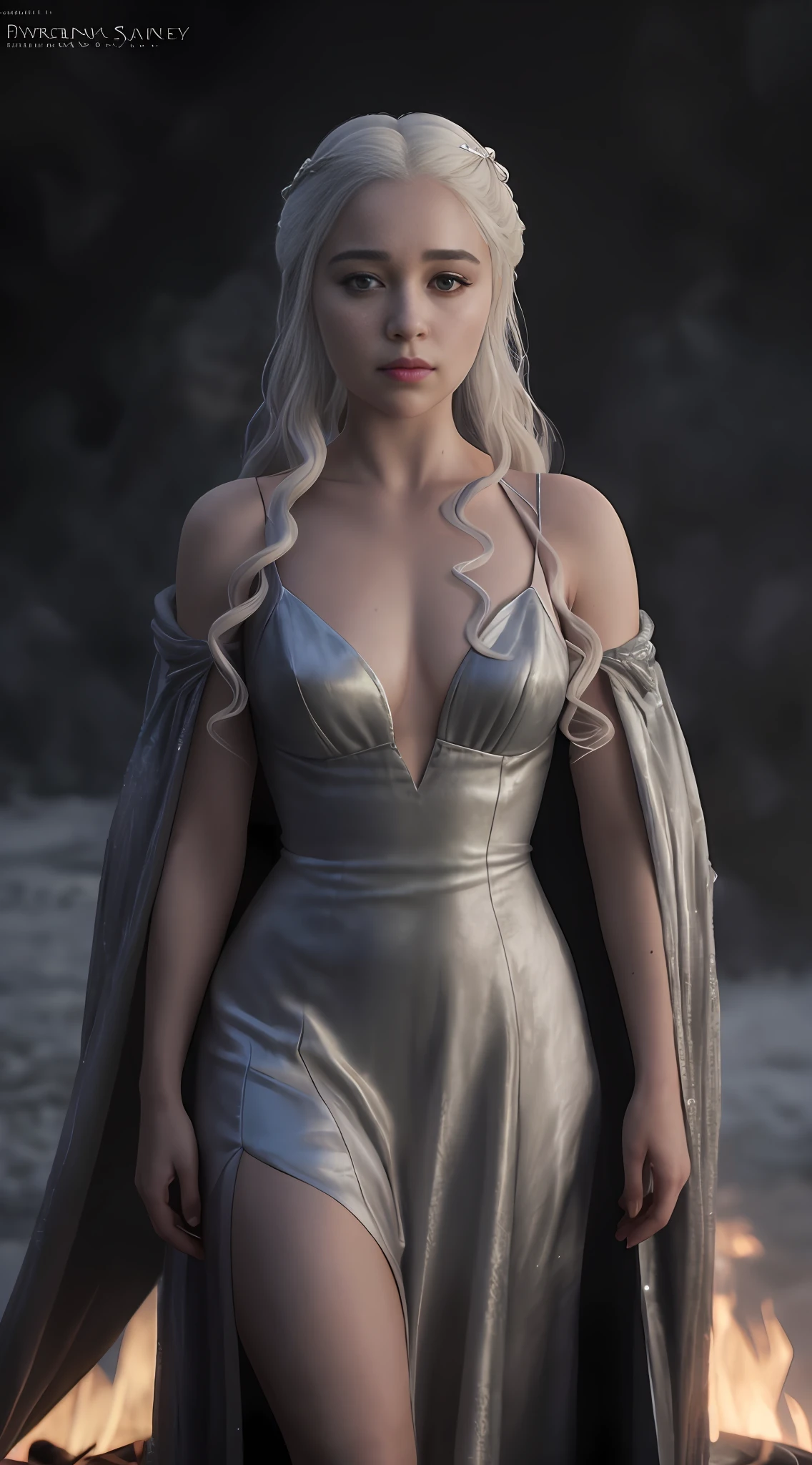 a woman in a silver dress standing in front of a fire, daenerys, daenerys targaryen, cinematic goddess body shot, from of thrones, fantasy photoshoot, cinematic goddess shot, style of game of thrones, cgsociety inspired, cinematic goddess close shot, queen of winter, ice queen, the ice queen, queen of dragons, inspired by Magali Villeneuve