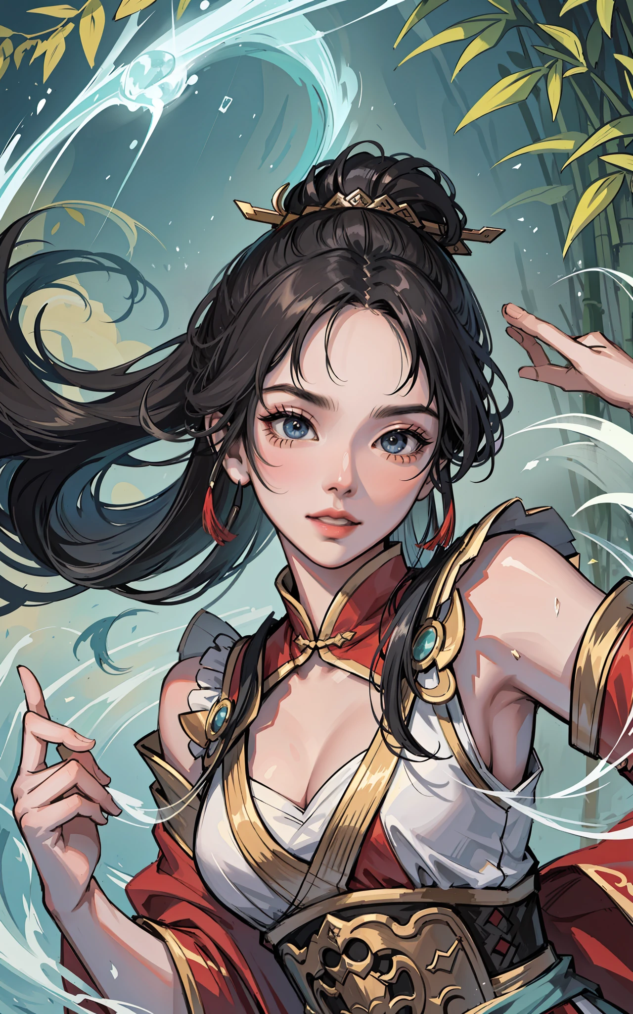 A classic Mulan's masterpiece, Chinese martial arts style, (red robe flowing), heroic and sassy, hand waving long sword, kung fu moves, exquisite jewelry, delicate hair accessories, long sword, messy super long hair, light blue gradient long hair, detailed hair, perfect face, beautiful character painting, beautiful digital artwork, WLOP Rossdraws, 8k uhd, SLR, soft light, high quality, volumetric lighting, high resolution, 8k, background blur, highest artistic composition, The paintings in the exhibition, (ray tracing), bamboo forest, bamboo leaves scattered around, green leaves flying everywhere, the wind blowing bamboo forest, Zhang Yimou film style, firm eyes, big eyes, sword eyebrows, double eyelids, long eyelashes, real skin, thin waist, dynamic composition, light makeup, will be deeply attracted by the characters in the painting, rich picture, Chinese dragon, imaginative painting, moving clouds and flowing water, ink lines describing the action, sweat on the head, close-up of the half, sword in the hand, movements of the martial arts performance team, the perspective from the bottom up, Chinese style, beautiful picture, not exposed, movie propaganda poster style, real skin, fair skin, digital illustrations, qigong affects the surrounding air and produces fluctuations, detailed water surface reflection, dense bamboo forest, dense leaves, blue gas flow on the sword, fantasy martial arts, exquisite face, detailed painting of the face, perfect hands, wearing boots, shoulder armor, ancient Chinese breastplate, sword pinned behind, high ponytail, full face, full forehead, 28 years old, (RAW photo, best quality), (realistic, photo-realistic:1.3), best quality, highly detailed, masterpiece, ultra-detailed, illustration, 1girl, upper_body, dynamic angle, world mastery theater, messy_ long_hair, best quality, extremely detailed CG unity 8k wallpaper, ink, amazing, movie lighting, lens_flare, dunhuang_style, heavy rain, water all over, cloudy day, fog surrounding, wonder