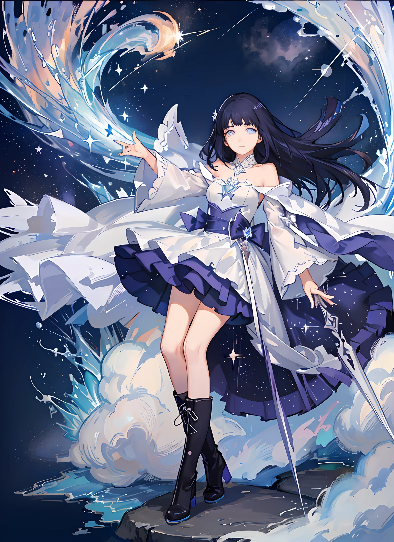 ((magical girl)), ((gorgeous starry sky background)), ((ultra-detailed)), ((best illustration)), ((cinematic lighting)), dynamic angle, floating, finely detailed, (glitter:1.2), (sparkle:1.2), (shine:1.2), classic, (painting:1.1), (sketch:1.1), (best quality), (masterpiece:1.2), (anime style), (solo), beautiful detailed face, (cute face:1.3), (big eyes:1.3), dark blue hair, (long hair:1.2), (floating hair:1.2), (magical girl outfit), detailed outfit, (sparkling wand:1.3), (magical effects:1.3), (flowing skirt:1.2), (cute boots:1.1), (transparent fabric:1.1), (twinkle:1.2), (glow:1.2), (radiance:1.2), (flicker:1.2), (dazzle:1.2), blunt bangs, purple eyes