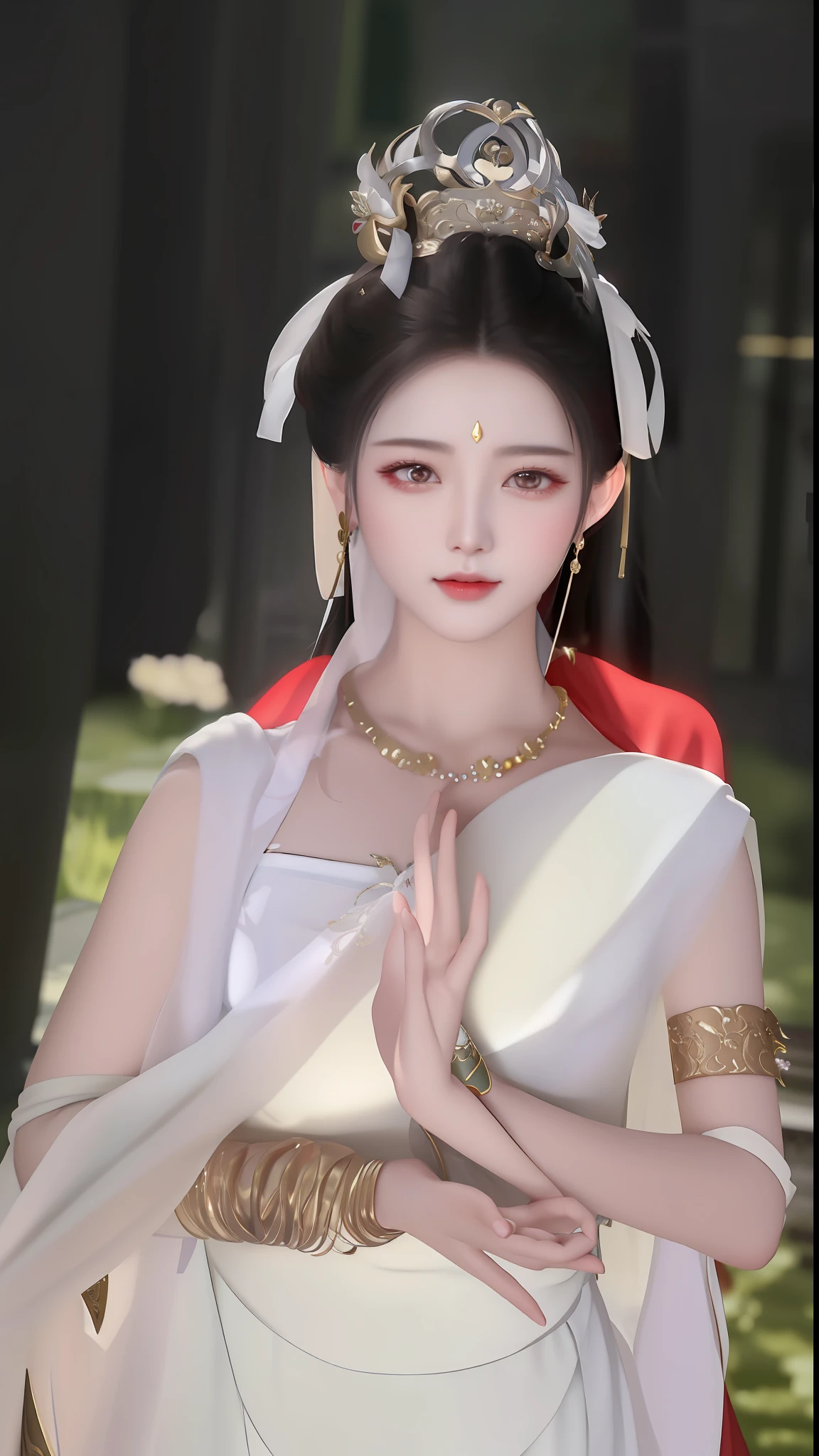arafed woman in a white dress with a red cape and a gold necklace, inspired by Lan Ying, a beautiful fantasy empress, inspired by Du Qiong, full body xianxia, inspired by Wu Bin, inspired by Zhang Yan, inspired by Huang Ji, inspired by Jin Nong, inspired by Zhang Yin, palace ， a girl in hanfu
