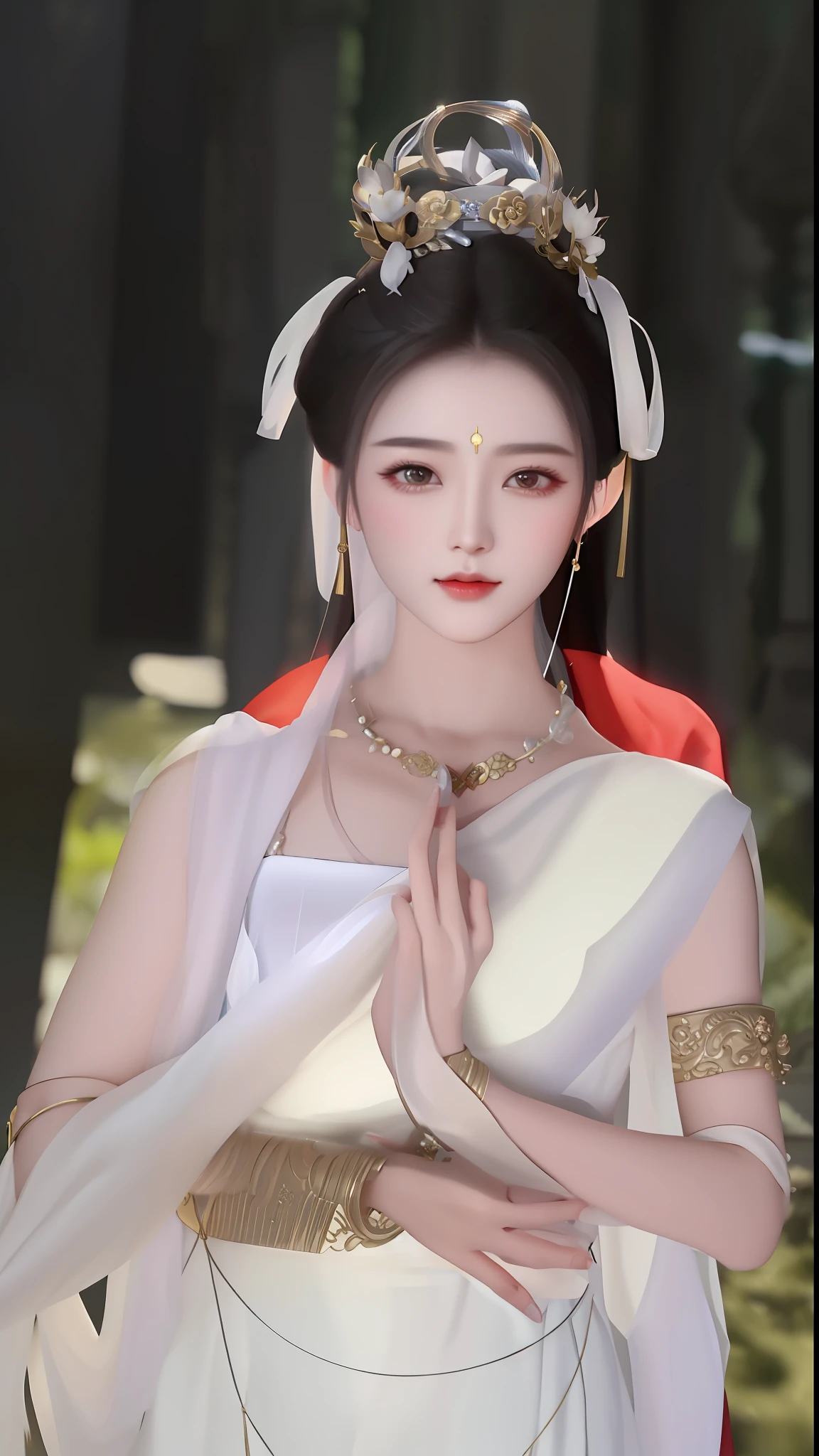 arafed woman in a white dress with a red cape and a gold necklace, inspired by Lan Ying, a beautiful fantasy empress, inspired by Du Qiong, full body xianxia, inspired by Wu Bin, inspired by Zhang Yan, inspired by Huang Ji, inspired by Jin Nong, inspired by Zhang Yin, palace ， a girl in hanfu