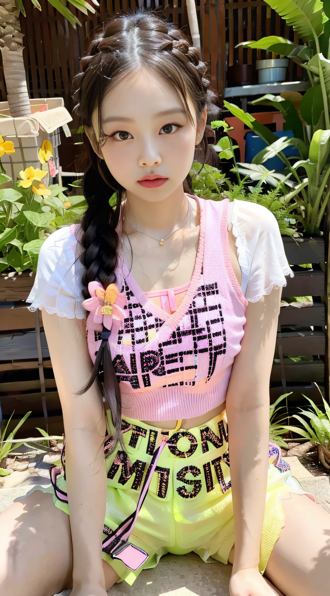 Kim Ji-ni Jennie face, wearing a fluorescent orange vest, dirty braids, cropped and pink shorts, sexy, cute, sitting with the sun on the face, sunshine