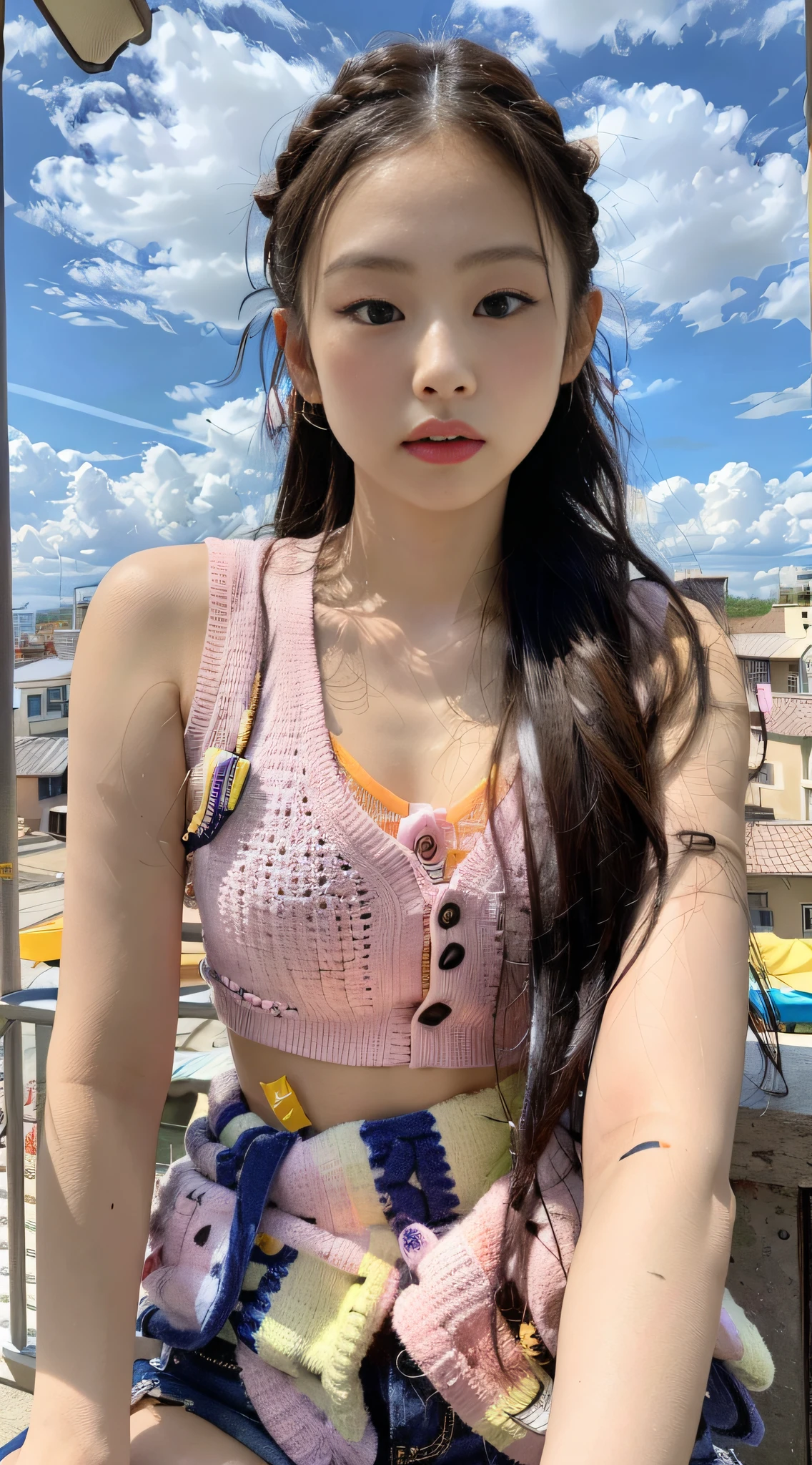 Kim Ji-ni Jennie face, wearing a fluorescent orange vest, dirty braids, cropped and pink shorts, sexy, cute, sitting with the sun on the face, sunshine