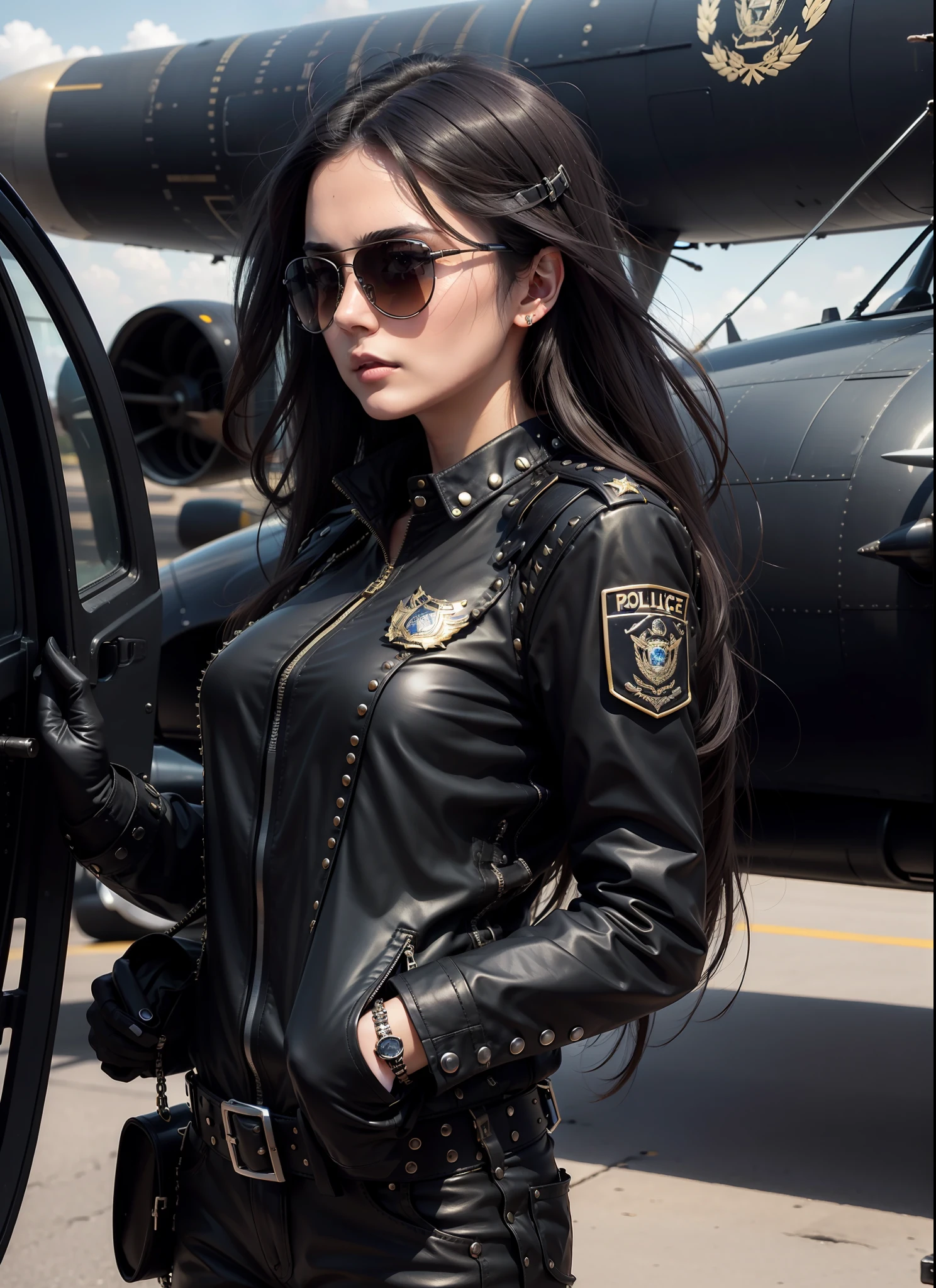 police, beautiful woman, medium dark long hair, black sunglasses, black clothing, rivets, airplanes, just one body, front view