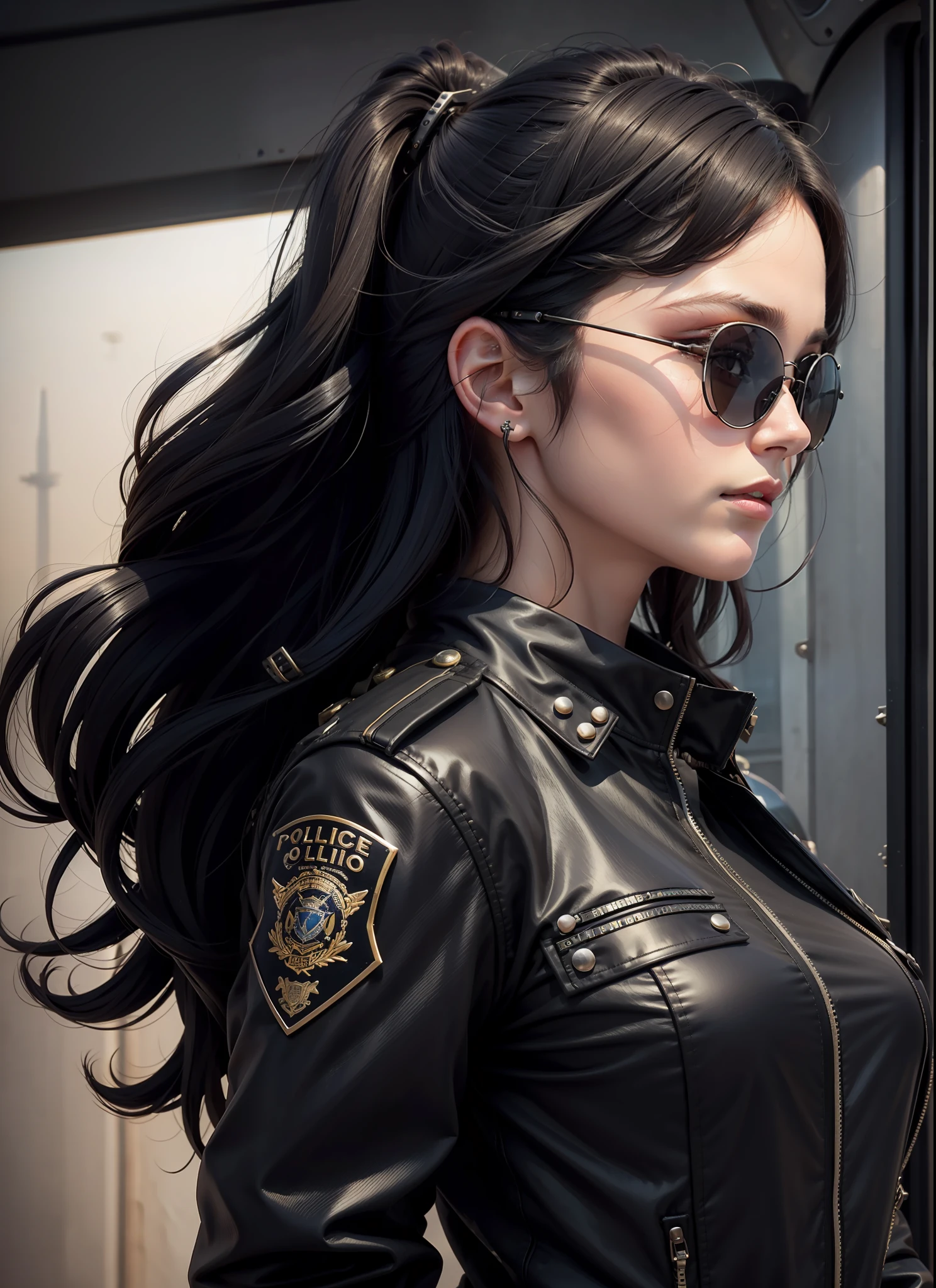 police, beautiful woman, medium dark long hair, black sunglasses, black clothing, rivets, airplanes, just one body, front view