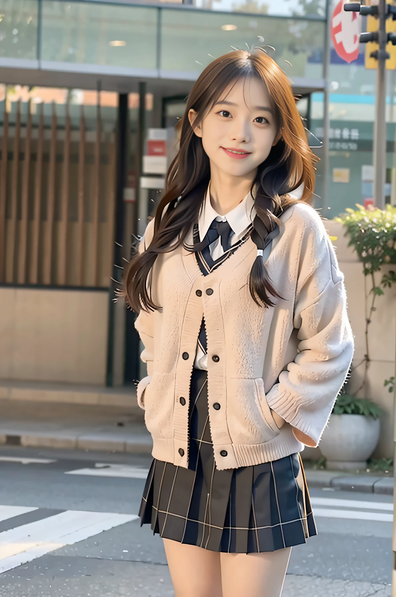 sidewalk, RAW photo, 8K, highest quality, super high resolution, beautiful face details, real human skin, smiling expression, front view, angle from below, shawl long hair, realistic, realistic, cute, short skirt, standing deep in the city, cute schoolgirl, Japanese schoolgirl uniform, wearing Japanese school uniform, surreal high school girl, full body,