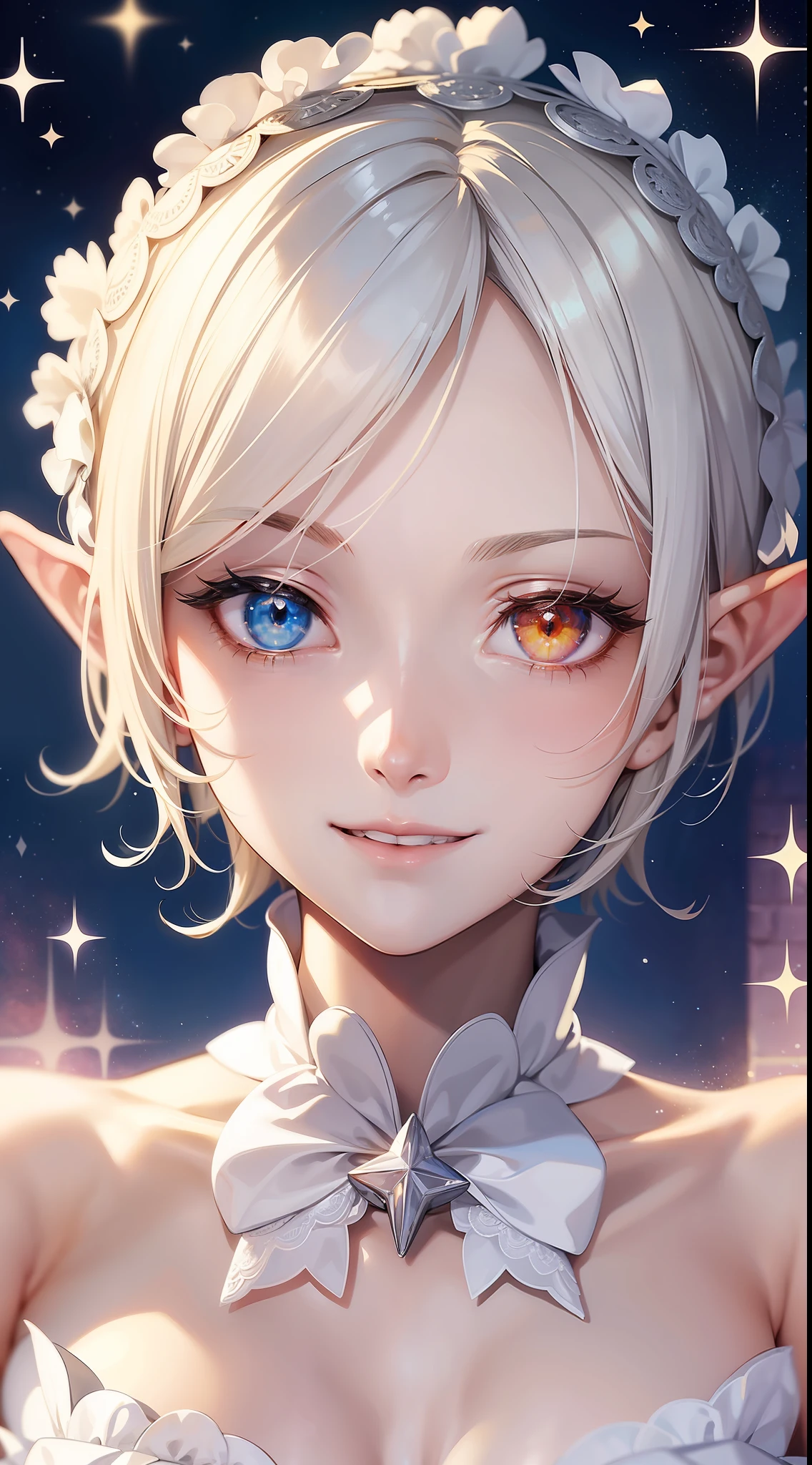 (masterpiece, top quality, super high quality), beautiful starry sky background, one, beautiful elf girl, kind-hearted princess, (slender), (slender), ((very small breasts)), platinum blonde short hair, gradient hair, (heterochromia), beautiful detail eyes, pale orange, white, white halter neck, whitish clothes, bow, lace, frill, ((bust shot)), Close-ups, smiles you want to protect