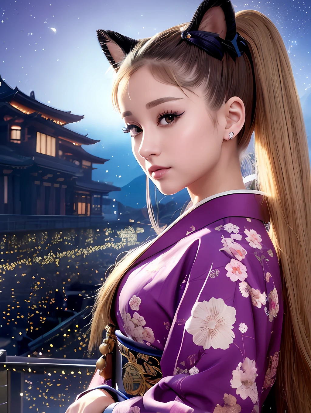 High resolution, high definition, Ariana Grande: 1.8, American singer, actress, singer-songwriter, dark blonde hair, high ponytail, cat ears, ((show me your forehead)), kimono, detailed kimono, beautiful detailed eyes, thin ornamented kimono, full body, Taisho era scenery, deep landscape, amazing illumination, light effects, night sky!