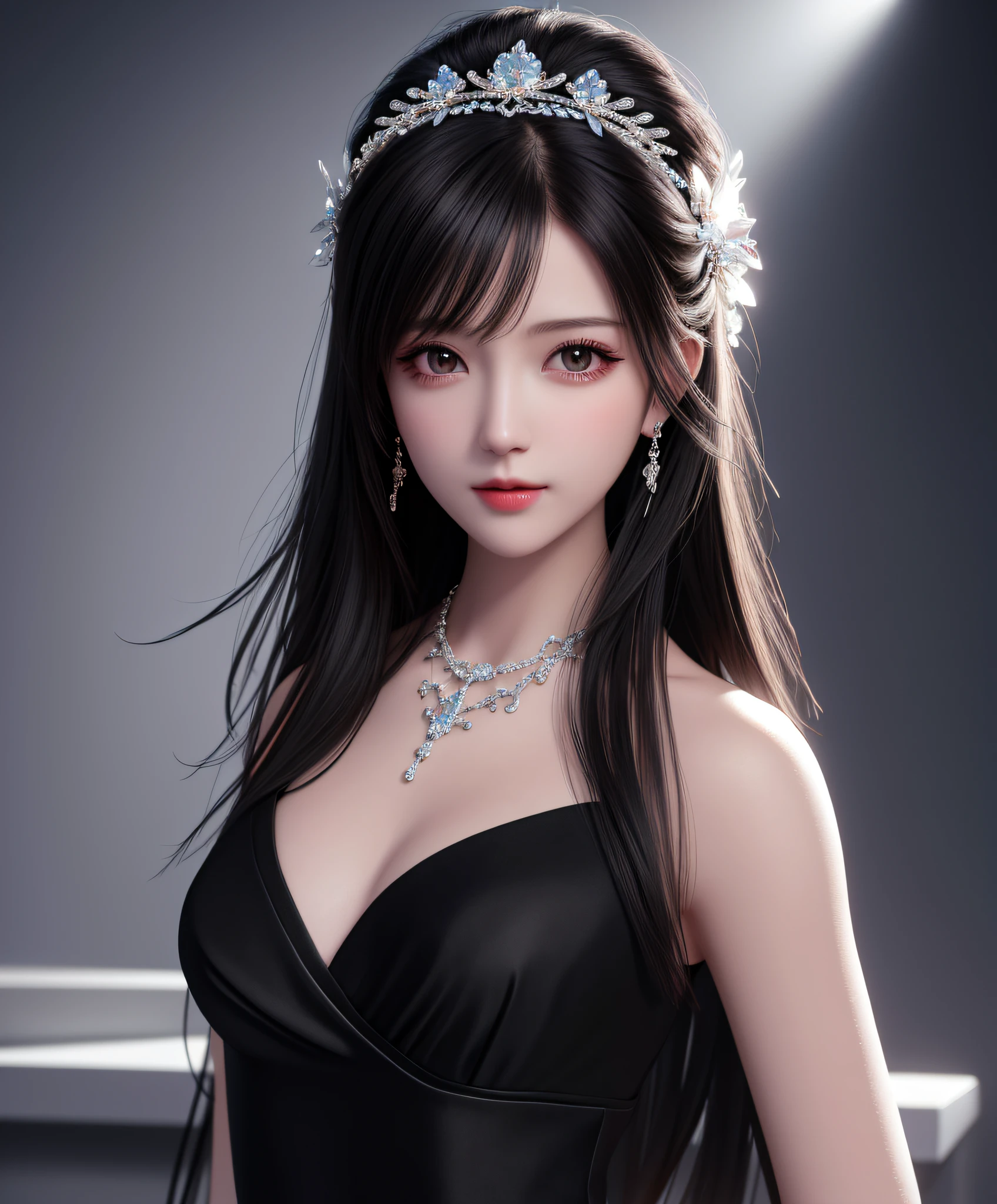 Exposed breasts, black dress, black hair, best quality, masterpiece, high resolution, 1girl, porcelain dress, hair accessories, necklace, jewelry, pretty face, body, tyndall effect, realistic, shadow studio, edge lighting, two-tone lighting, (high detail skin: 1.2), 8k UHD, dslr, soft light, high quality, volumetric light, voyeur, photo, high resolution, 4k, 8k, background blur,