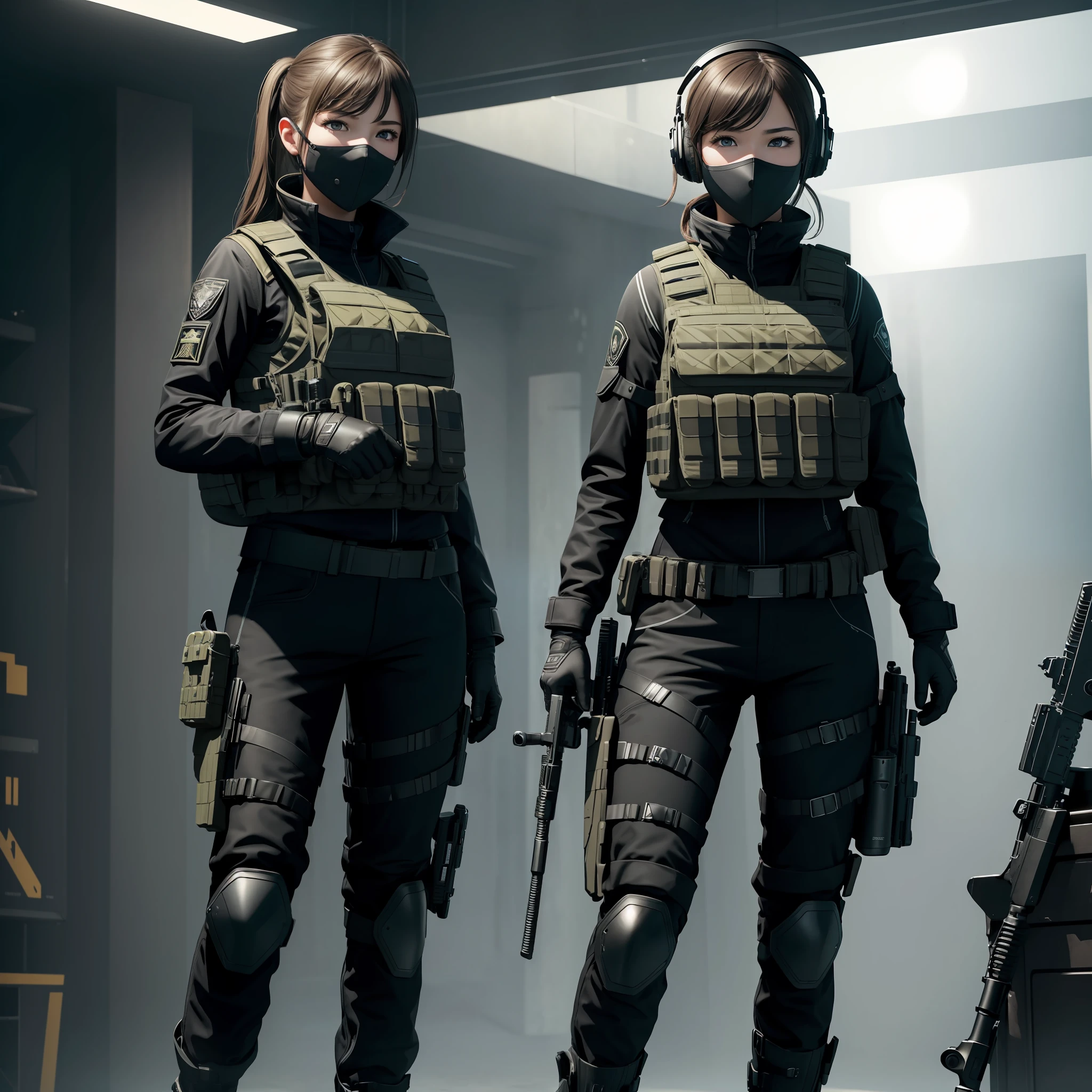 ((high quality)), ((masterpiece)), 8k, 2girls, bulletproof vest, light, extremely detailed CG unity 8k wallpaper, game cg, looking at the audience, gloves, boots, full body, watch, computer, mask, drone, handheld weapon, headphones, jacket,