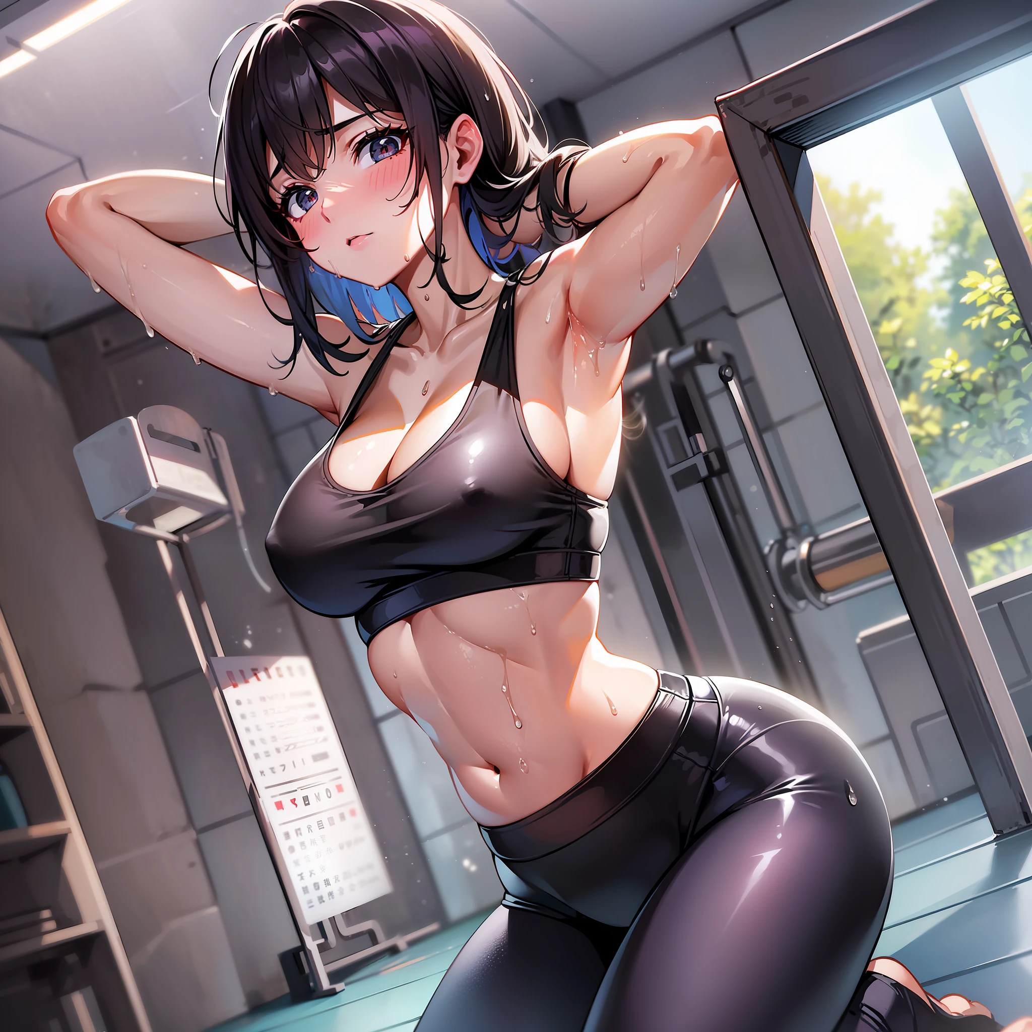 Masterpiece, one girl, kneeling, kneeling, cowgirl pose, looking up, ((model, yoga, black deep V-neck bra, wet bra, wet bra)), ((yoga pants, tight yoga pants, soft)), wide hips, curvaceous, (wet skin: 1.2), wet, (sweaty: 1.2), ((indoor, gym, training, yoga)), face lighting, bright backlight, F-cup breasts, slim waist, ultra high resolution, top quality, look directly at the viewer,