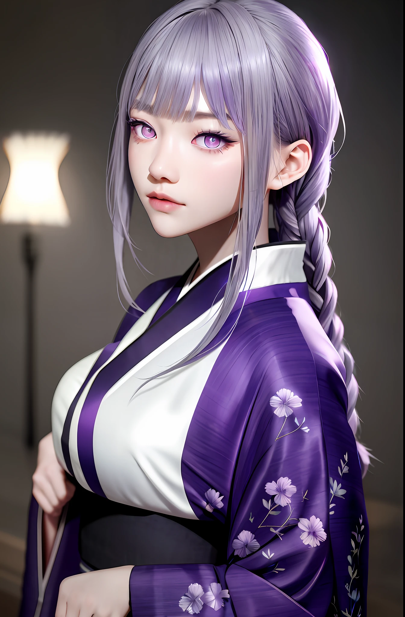 Masterpiece, (Photorealistic: 1.4), Top Quality, Beautiful Lighting, (ulzzang-6500:0.5), Choshin Impact \), (Gray Hair) + (Long Braided Hair) + (Bangs), Purple Eyes, (((Luminous Eyes)), Purple Kimono, RAW Photography, 8k UHD, Film Grain