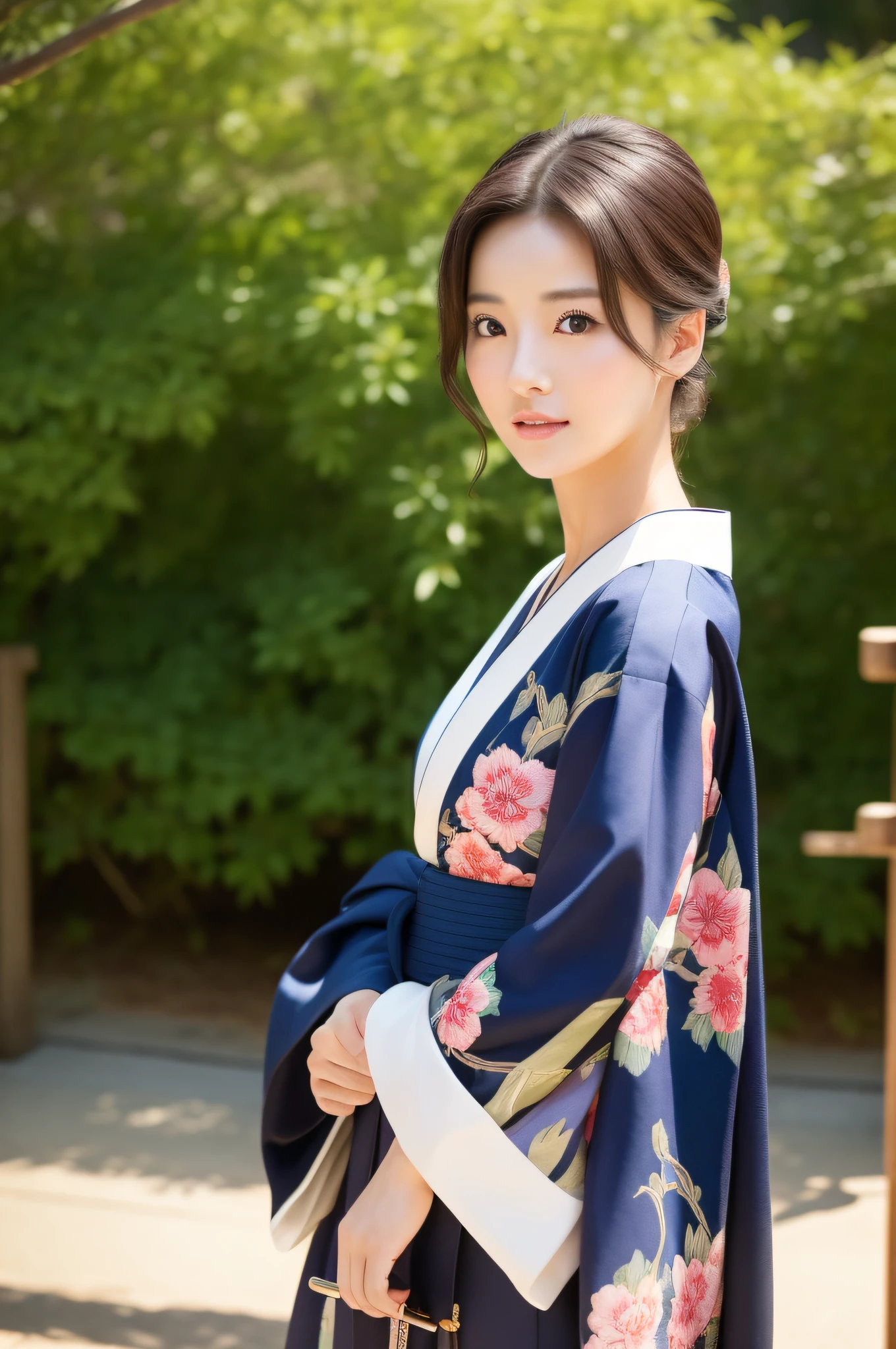 ((Top Quality, 8K, Masterpiece: 1.3)), Sharp Focus: 1.2, (Super Beautiful Face: 1.0), (Glossy Skin: 1.0), Realistic Photos, Black Hair, Realistic Pupils, Movie Lighting, Highly Detailed Eyes and Face, Movie Lighting,  (Cowboy Shot: 1.0),  (kimono, hakama, obi: 1.3),　(Korean Cute Actress), in nature, classic kimono, happy, japanese milf model