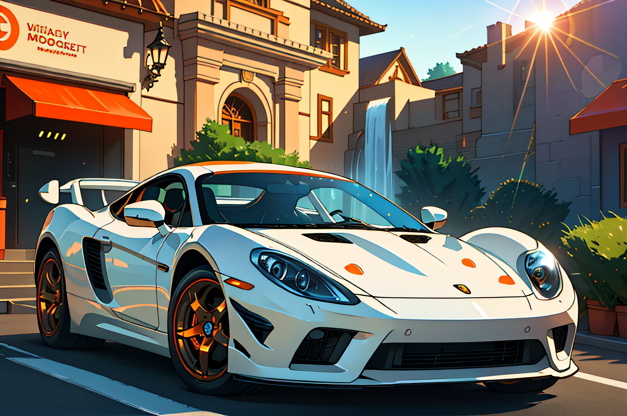 (masterpiece)+, (Best Quality)+, (Intricate Detail)+, design me the most beautiful car in the world, white paint with orange highlights, showroom concept, lens flare, camera artefact, professional photographer, 4k, HDR, longitudinal symmetry