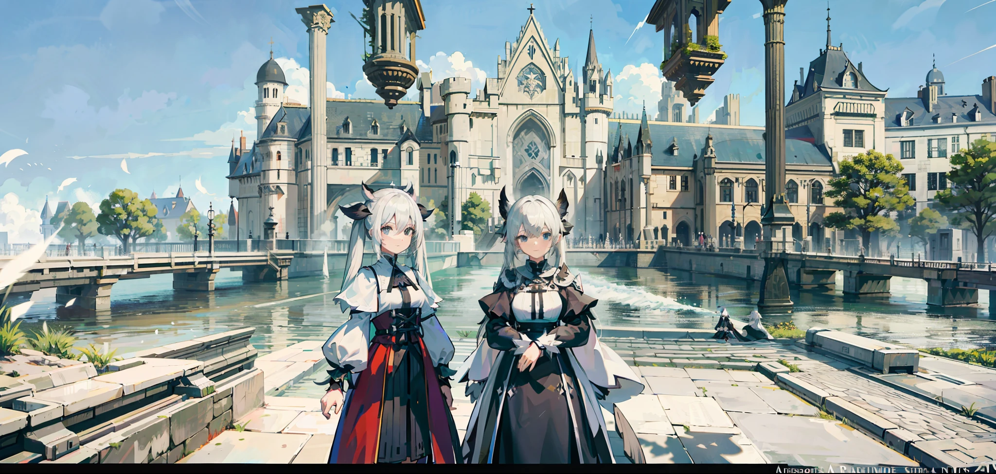 anime characters in black and white outfits standing in front of a castle, black-white skintight robes!, in - game, in-game, in game, medium shot of two characters, black robes, ((wearing aristocrat robe)), from arknights, from bravely default ii, lalafell, twintails, focus on two androids, nier 2 b