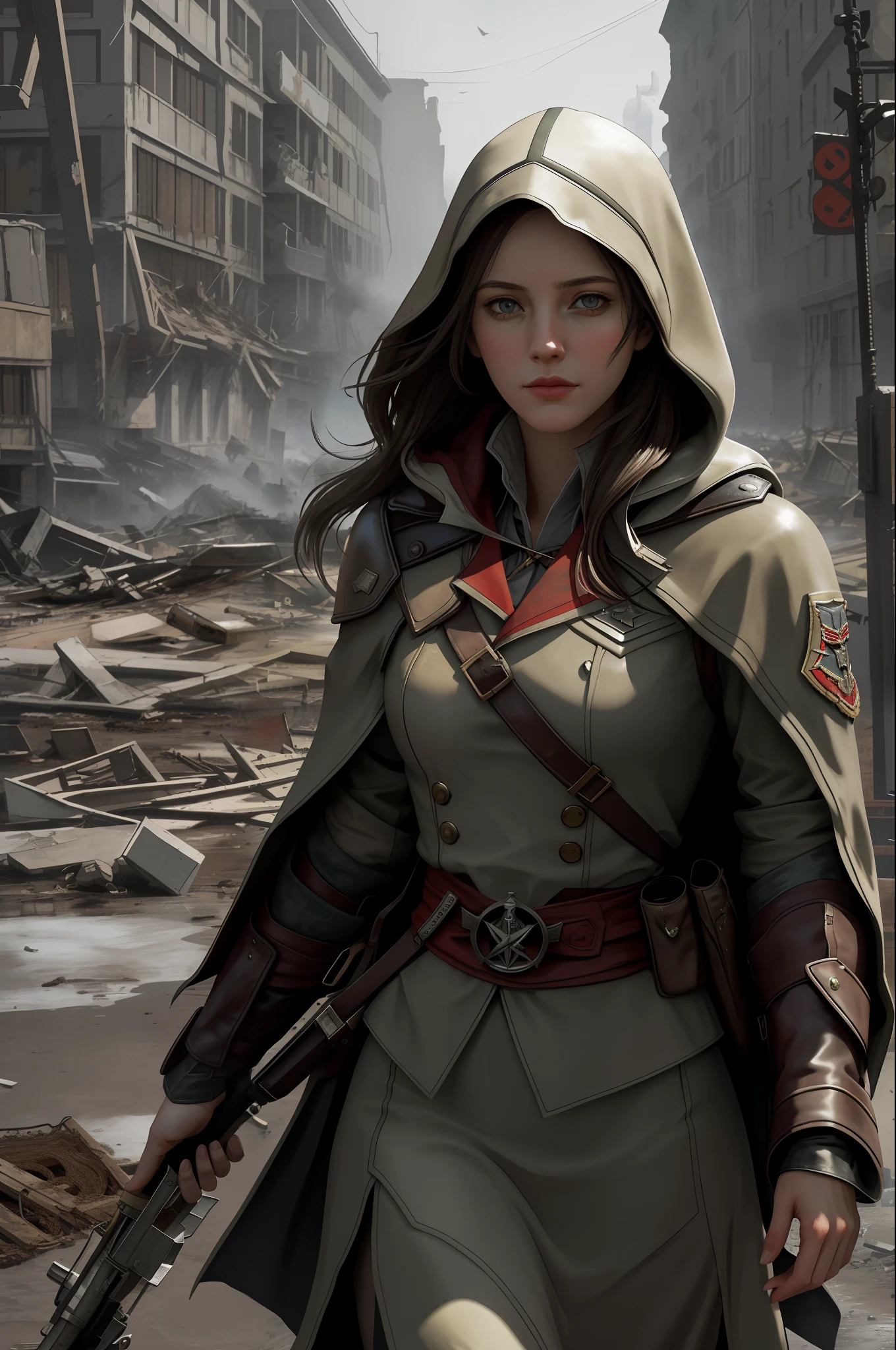 Create a compelling Assassin’s Creed Concept Art piece inspired by the WW2 era, crafted in the style of ultra-realistic visuals with meticulous attention to detail. Portray a young and captivating European girl adorned in a worn Soviet military uniform, her face obscured by a hood. Set the scene amidst the haunting aftermath of a battlefield, showcasing the devastation and destruction left in the wake of war. Emphasize the realism and intricacy of the environment, capturing the gritty textures, shattered structures, and somber atmosphere in stunning 8K resolution.