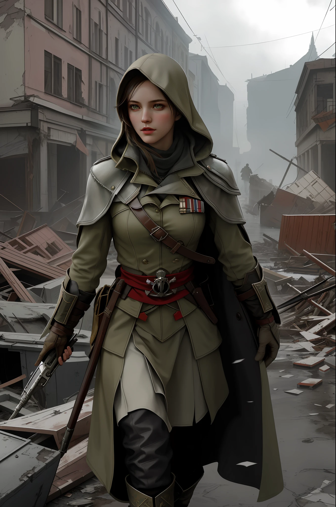 Create a compelling Assassin’s Creed Concept Art piece inspired by the WW2 era, crafted in the style of ultra-realistic visuals with meticulous attention to detail. Portray a young and captivating European girl adorned in a worn Soviet military uniform, her face obscured by a hood. Set the scene amidst the haunting aftermath of a battlefield, showcasing the devastation and destruction left in the wake of war. Emphasize the realism and intricacy of the environment, capturing the gritty textures, shattered structures, and somber atmosphere in stunning 8K resolution.