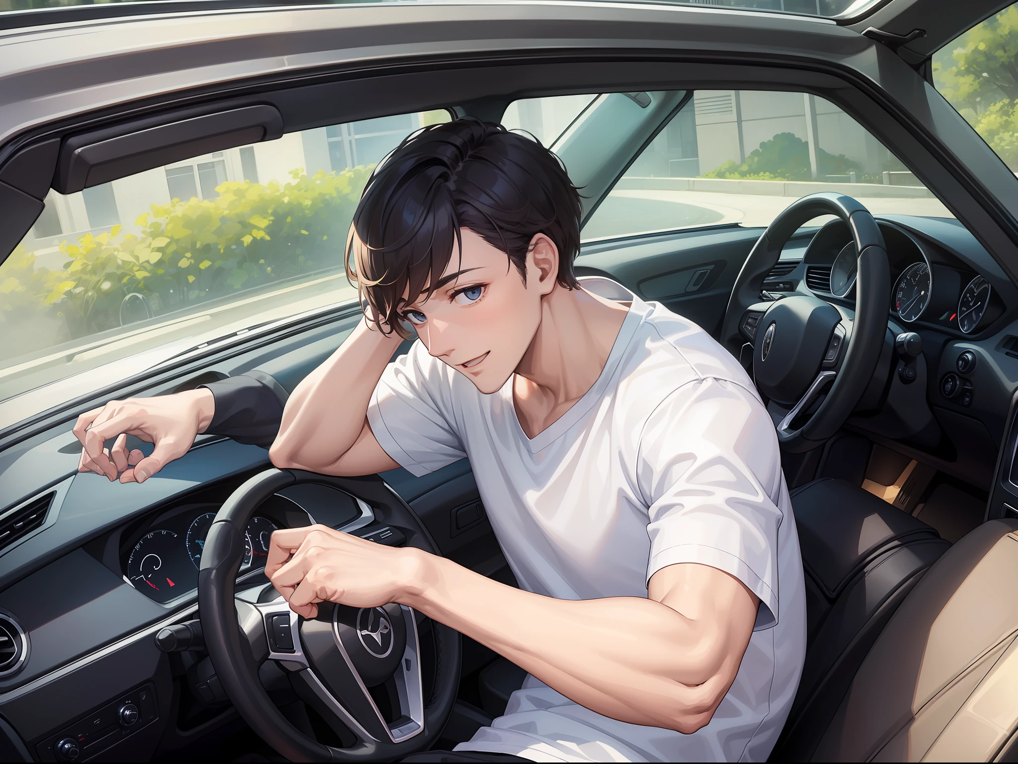 (A handsome young man in white short sleeves turns his head in the car and looks back: 1.7), (with a happy expression: 1.8), (Masterpiece, masterpiece: 1.5)