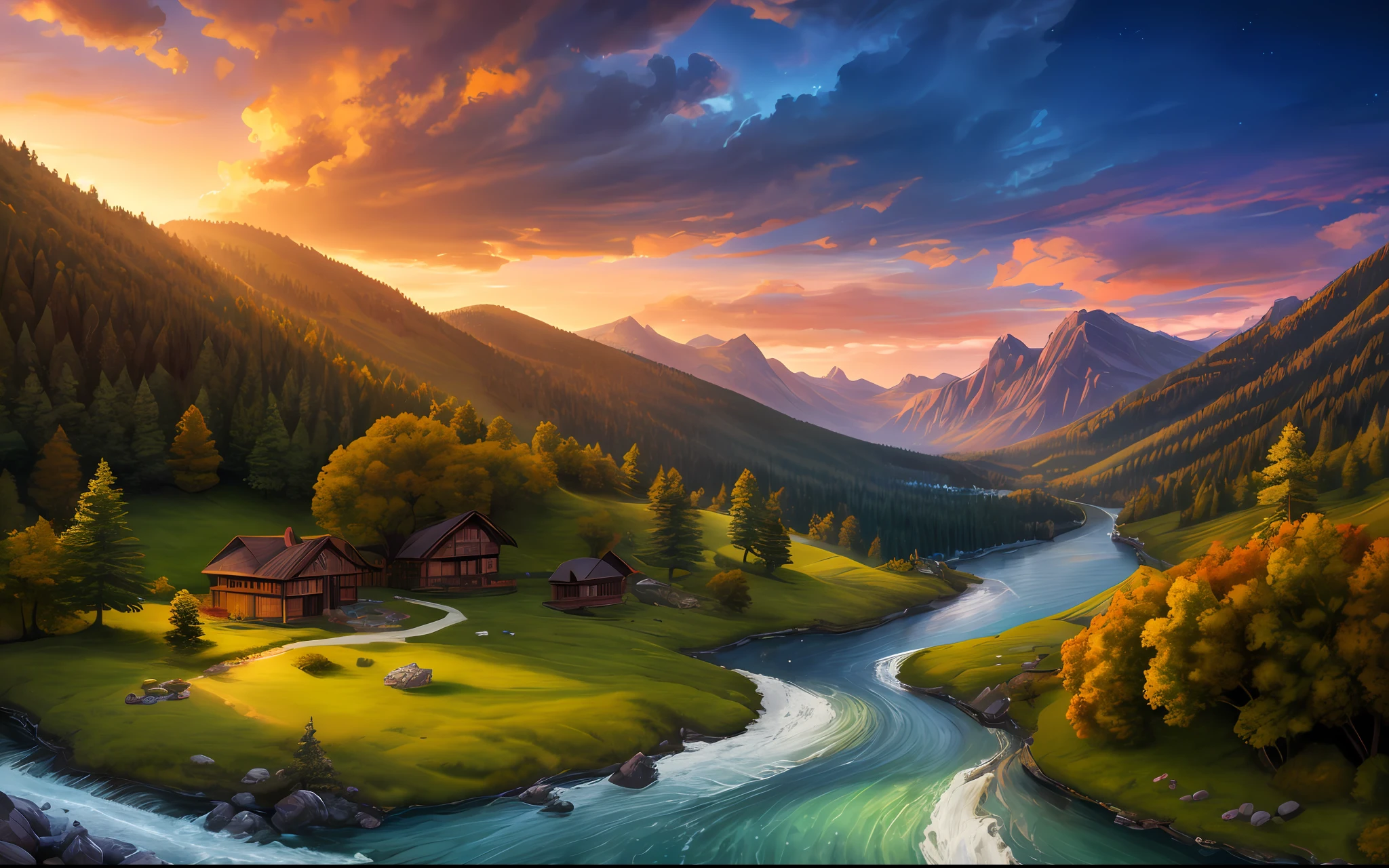 Background screen of stage play, 3 ugly wolves and 7 cute sheep, Stay on a beautiful little hillside, A clear river flows down the mountain, stereogram, best quality, super detail, 8k, highres, UHD, ccurate, anatomically correct, masterpiece, high details, award winning