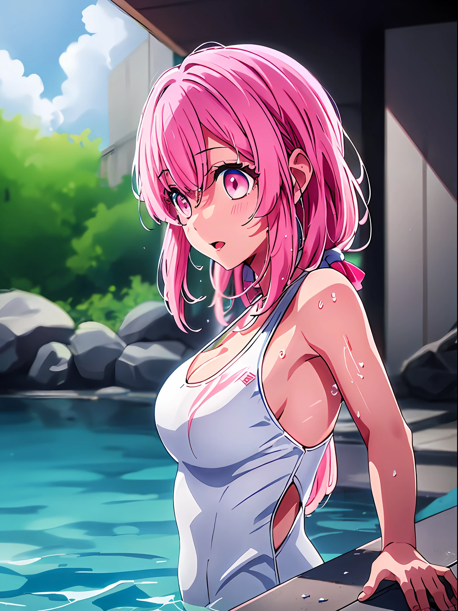 Nankotobuki (child of shinobi), white dress, white swimsuit, pool, indoor pool, wet skin, wet bikini, tanding in the ocean, pink hair, blue sky, in water, swimming