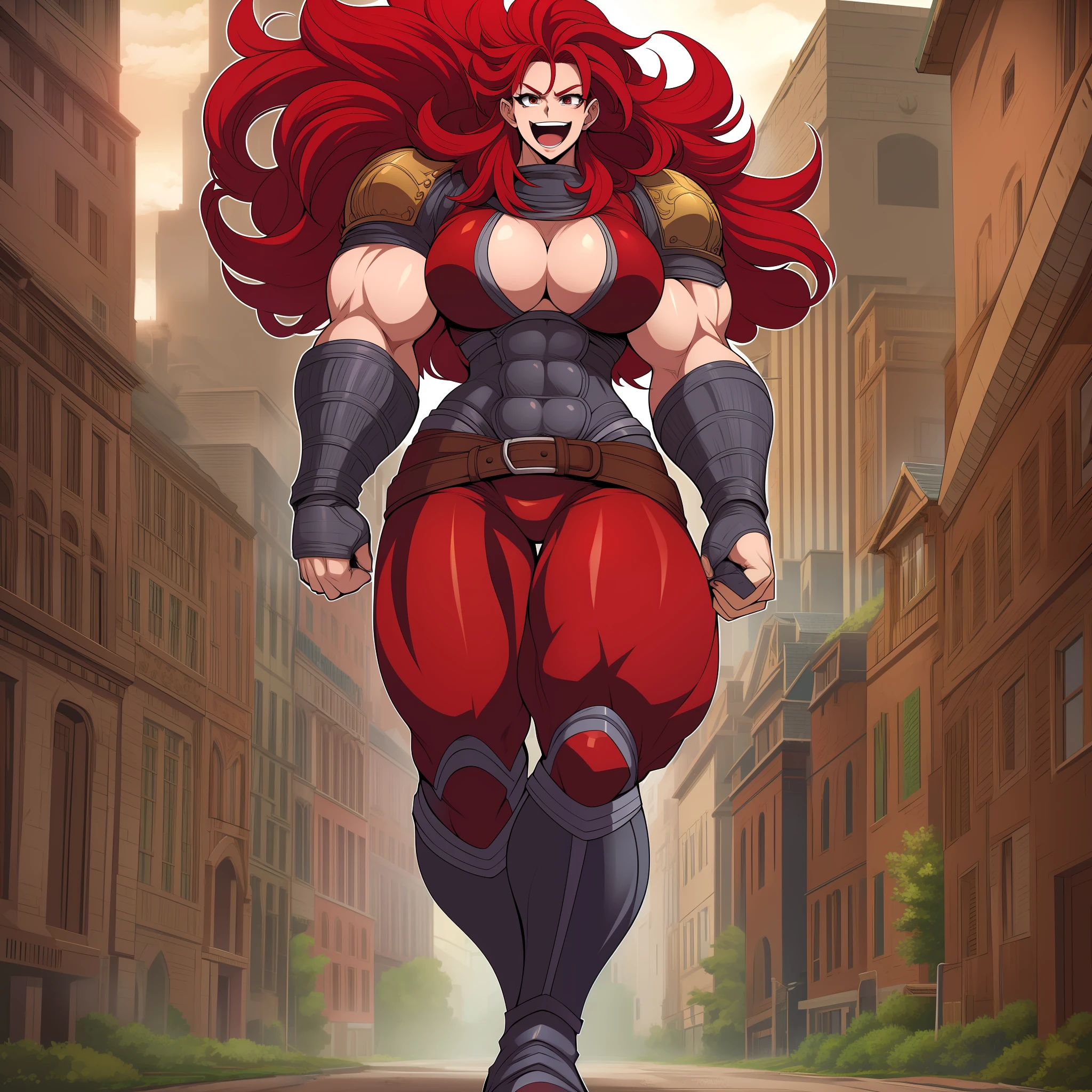 tall woman, huge chest, long hair, red hair, muscular girl portrain solo focus, 1character, revealing cloths, amazon, woman berserker, fantasy medieval,walking, open mouth smile, full body, walking