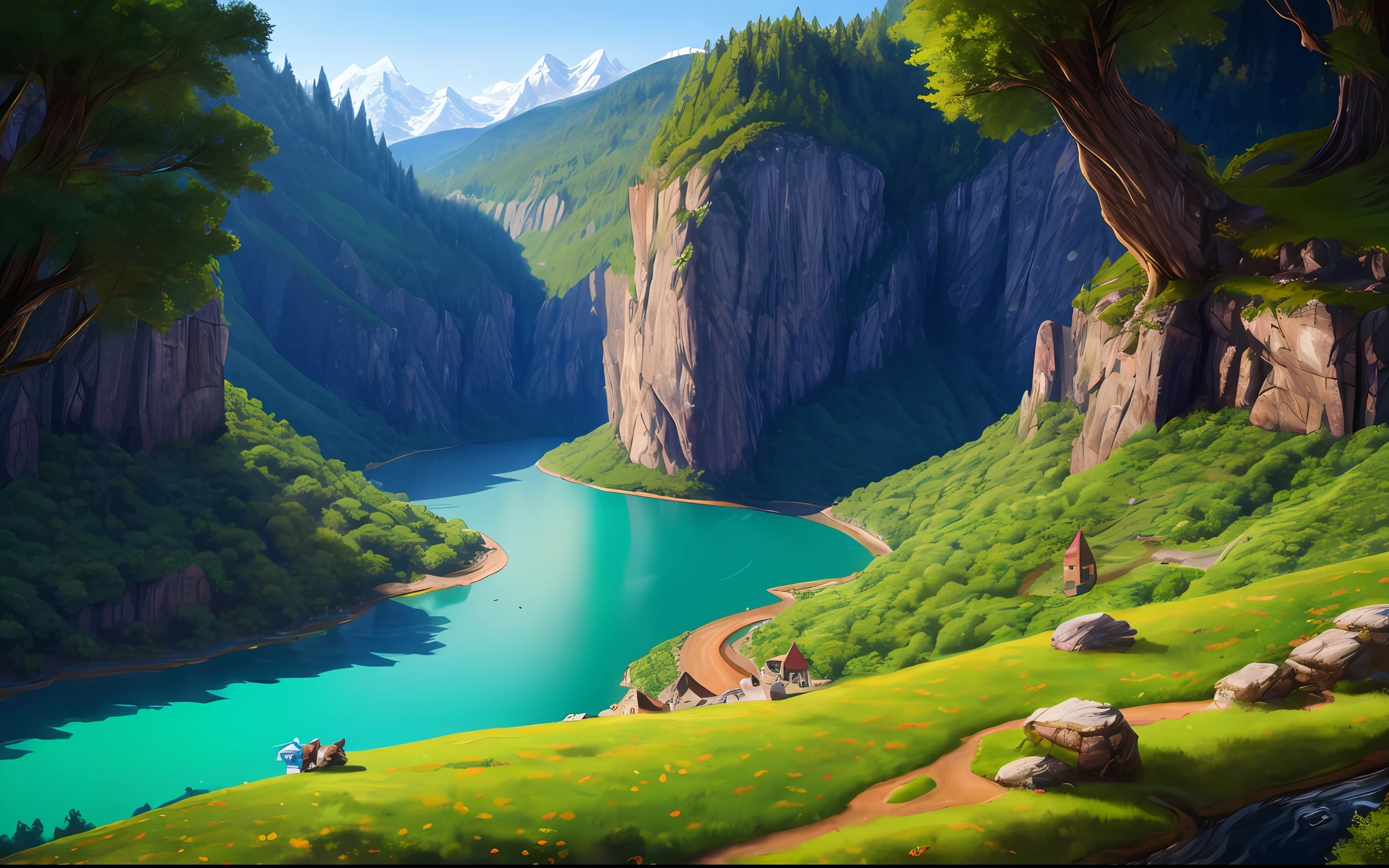 Background screen of stage play, 3 ugly wolves and 7 cute sheep, Stay on a beautiful little hillside, A clear river flows down the mountain, stereogram, best quality, super detail, 8k, highres, UHD, ccurate, anatomically correct, masterpiece, high details, award winning
